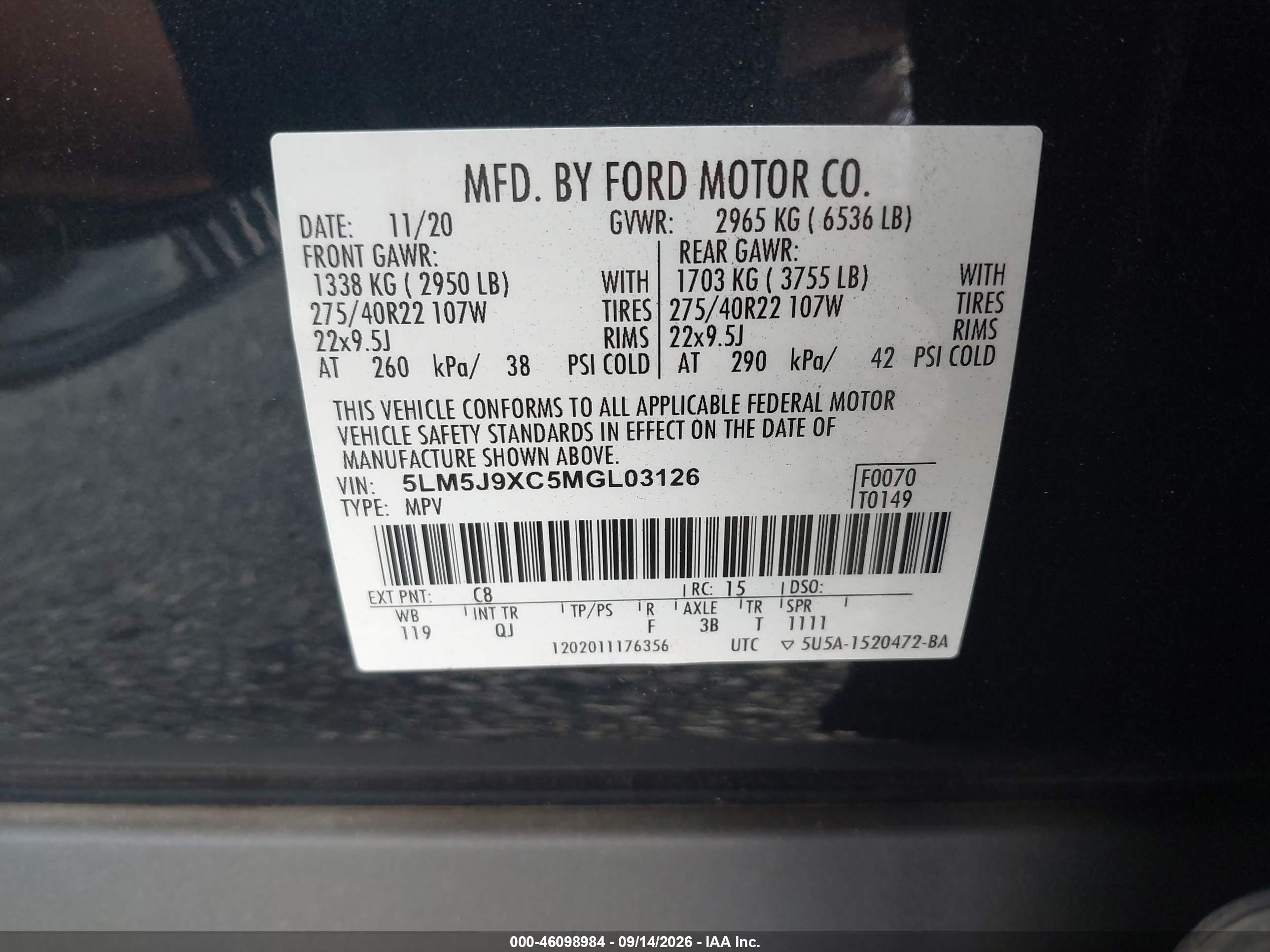 2021 Lincoln Aviator VIN 5LM5J9XC5MGL03126 IAAI salvage auction — Front End, Salvage (Idaho), sold $12,100 on 2026-09-25 (photo 9)