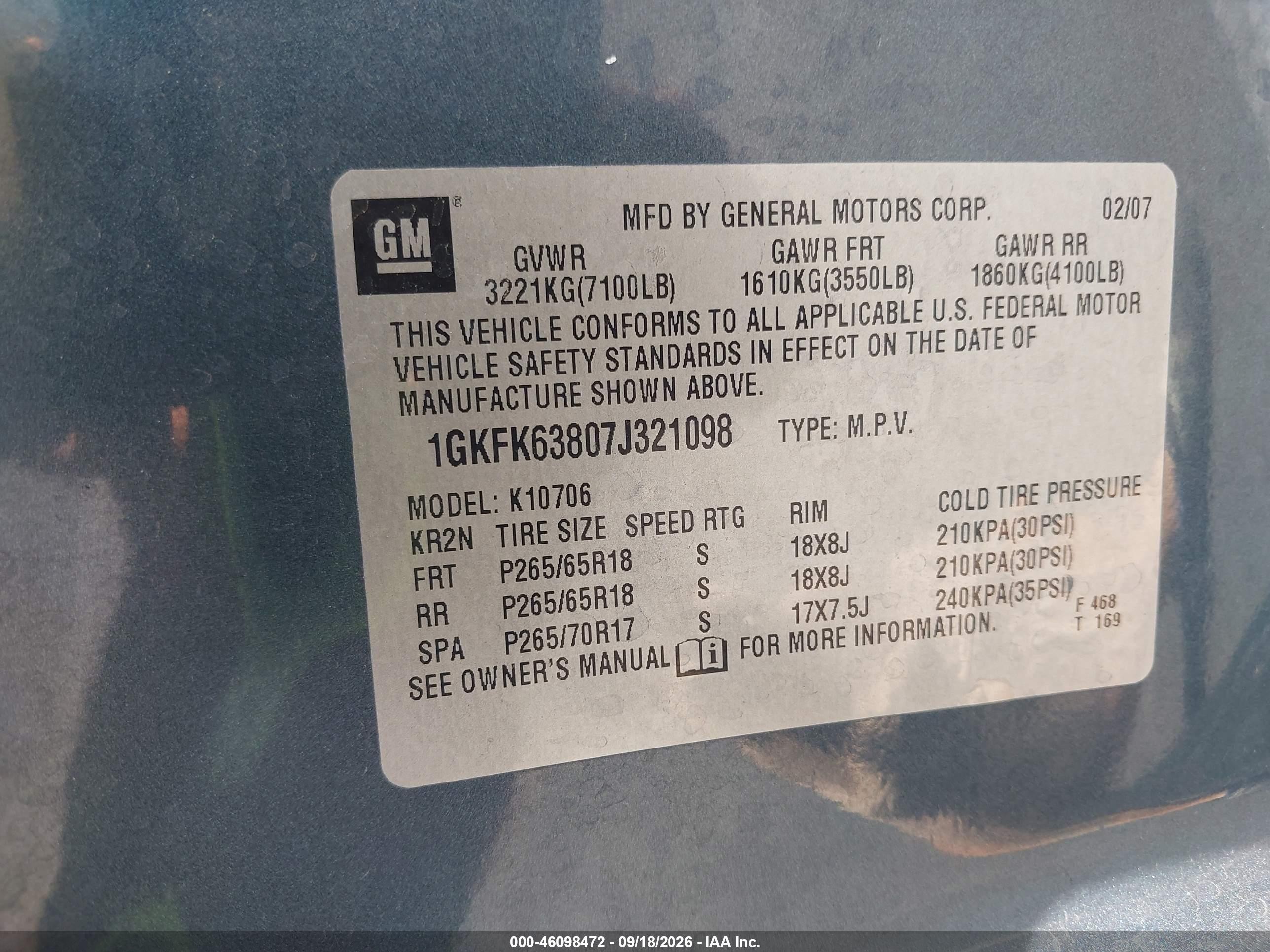 2007 Gmc Yukon VIN 1GKFK63807J321098 IAAI salvage auction — Normal Wear, Clear-Dealer Only (Arizona), sold $1,300 on 2026-10-09 (photo 9)