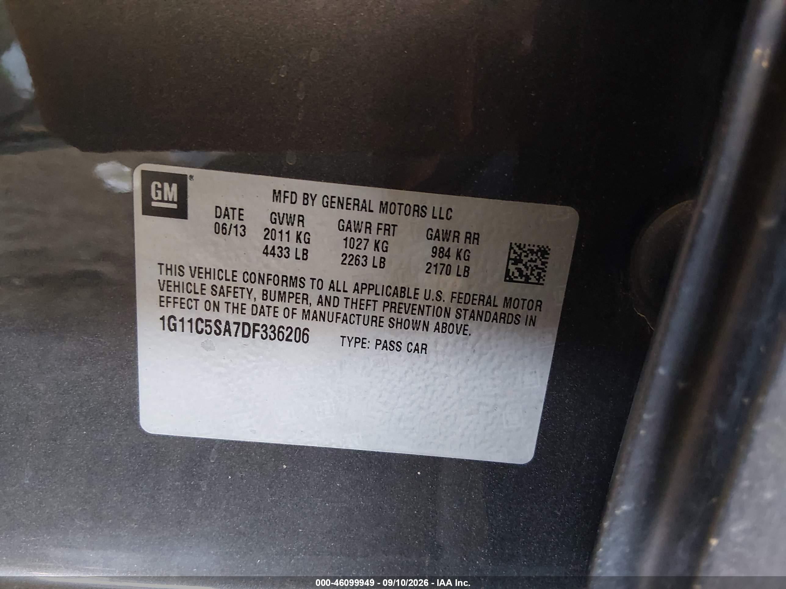 2013 Chevrolet Malibu VIN 1G11C5SA7DF336206 IAAI salvage auction — Unknown, Salvage (Arizona), sold $975 on 2026-10-07 (photo 9)