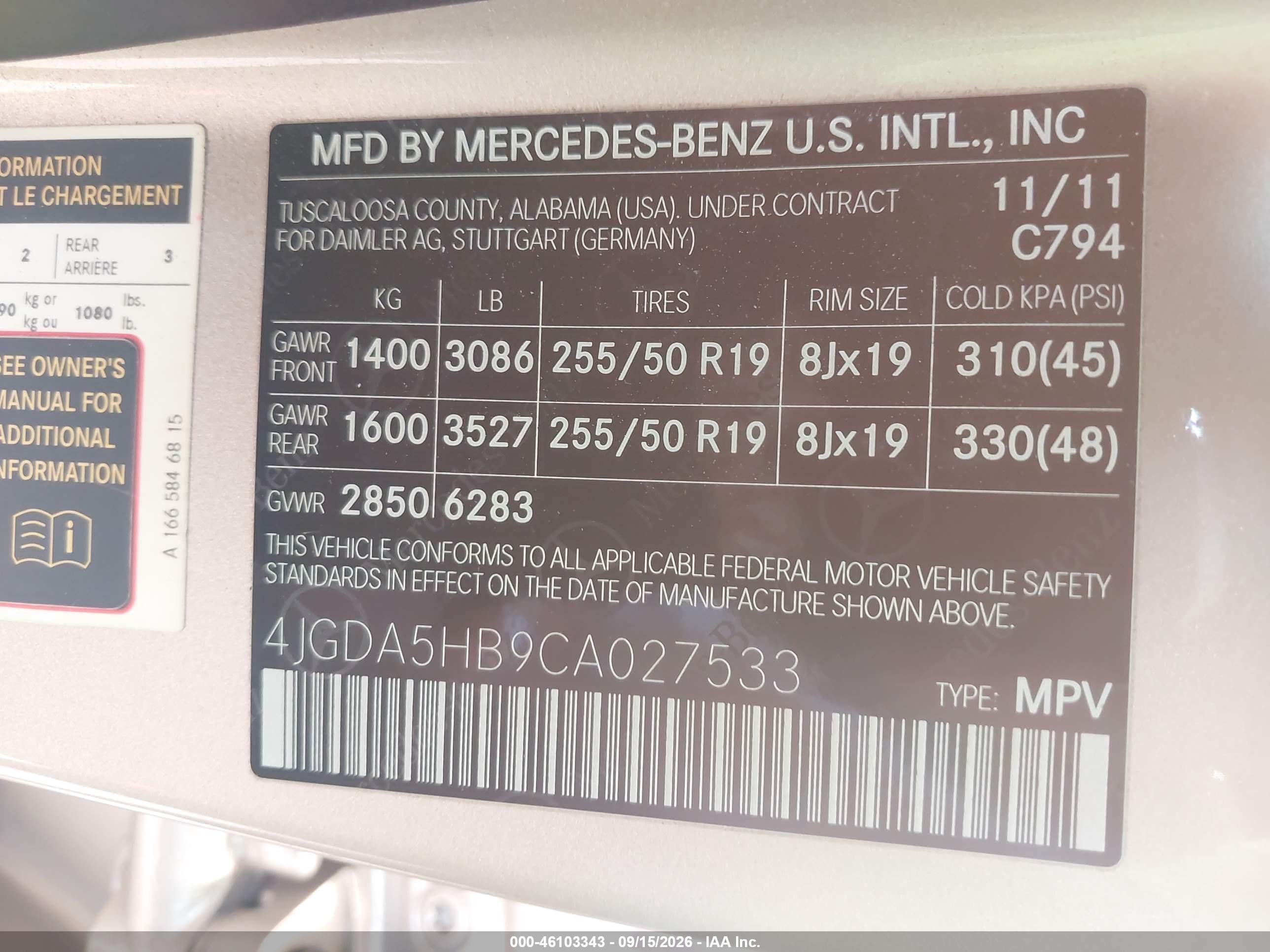 2012 Mercedes-benz M-klasse VIN 4JGDA5HB9CA027533 IAAI salvage auction — Unknown, Salvage (North Carolina), sold $3,650 on 2026-10-02 (photo 9)