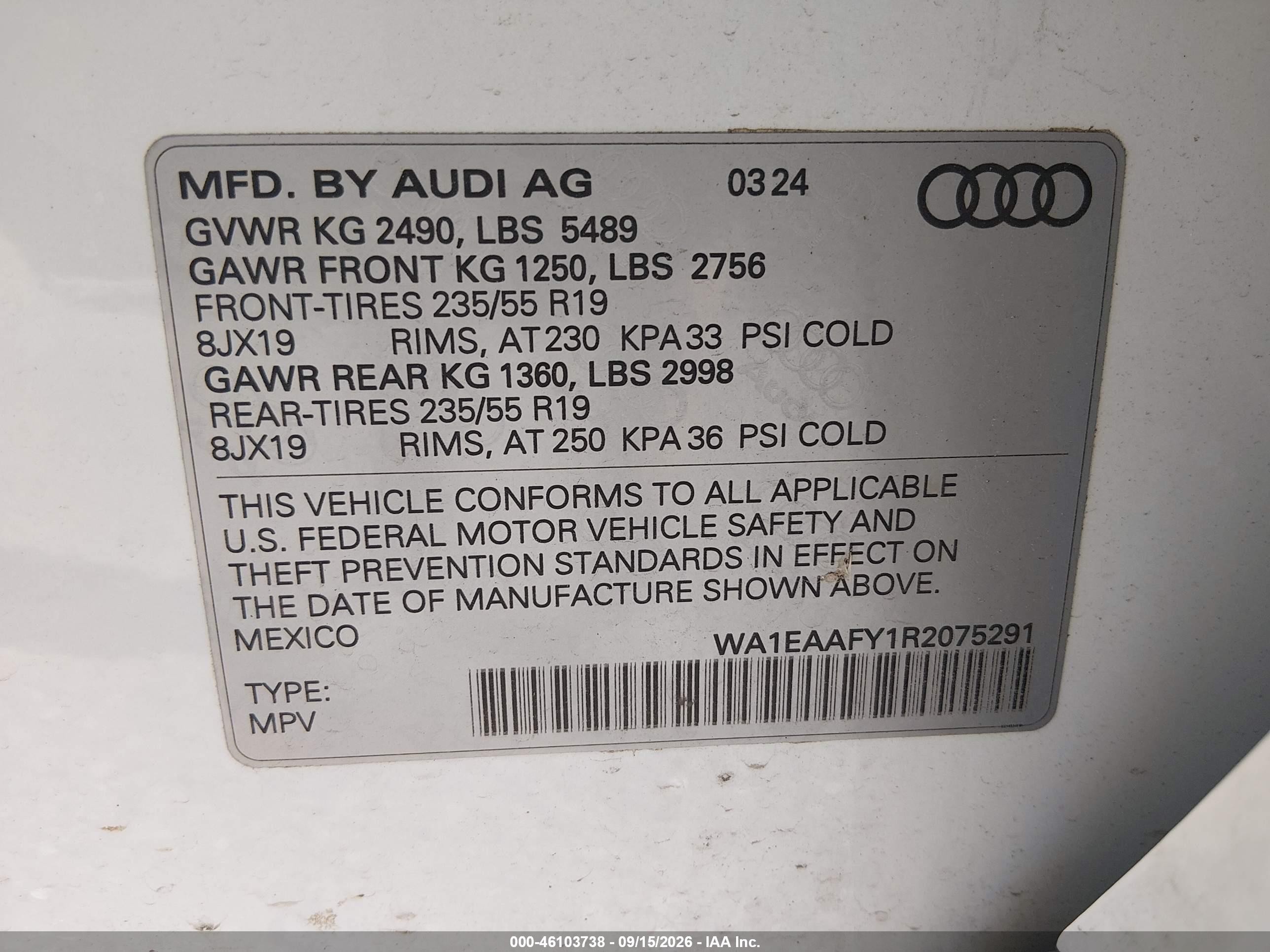 2024 Audi Q5 VIN WA1EAAFY1R2075291 IAAI salvage auction — Rear End, Salvage (Pennsylvania), sold $15,800 on 2026-09-25 (photo 9)