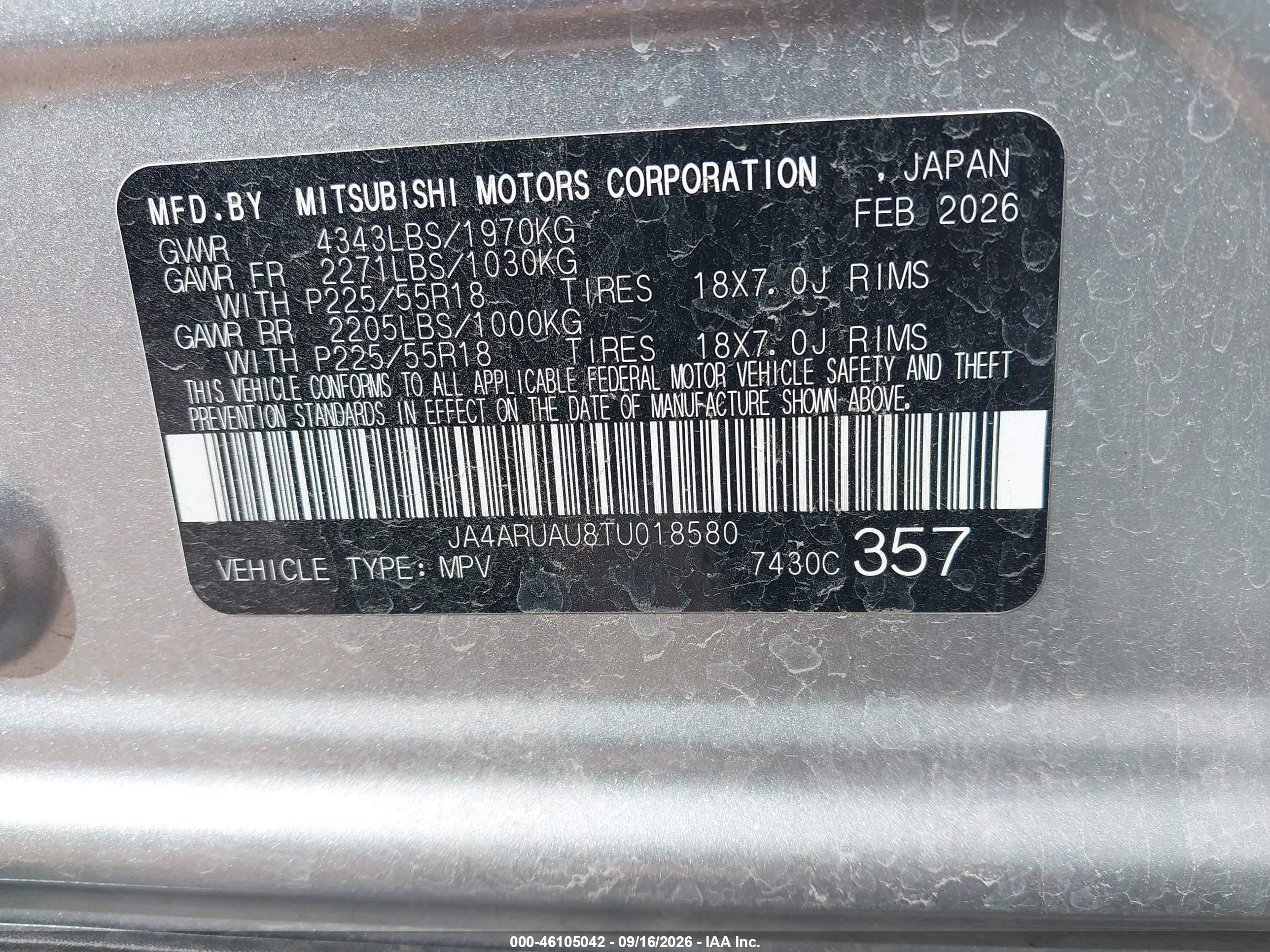 2026 Mitsubishi Outlander Sport VIN JA4ARUAU8TU018580 IAAI salvage auction — Normal Wear, Enterprise Vehicles Clear Only (Washington), sold $8,000 on 2026-09-19 (photo 9)