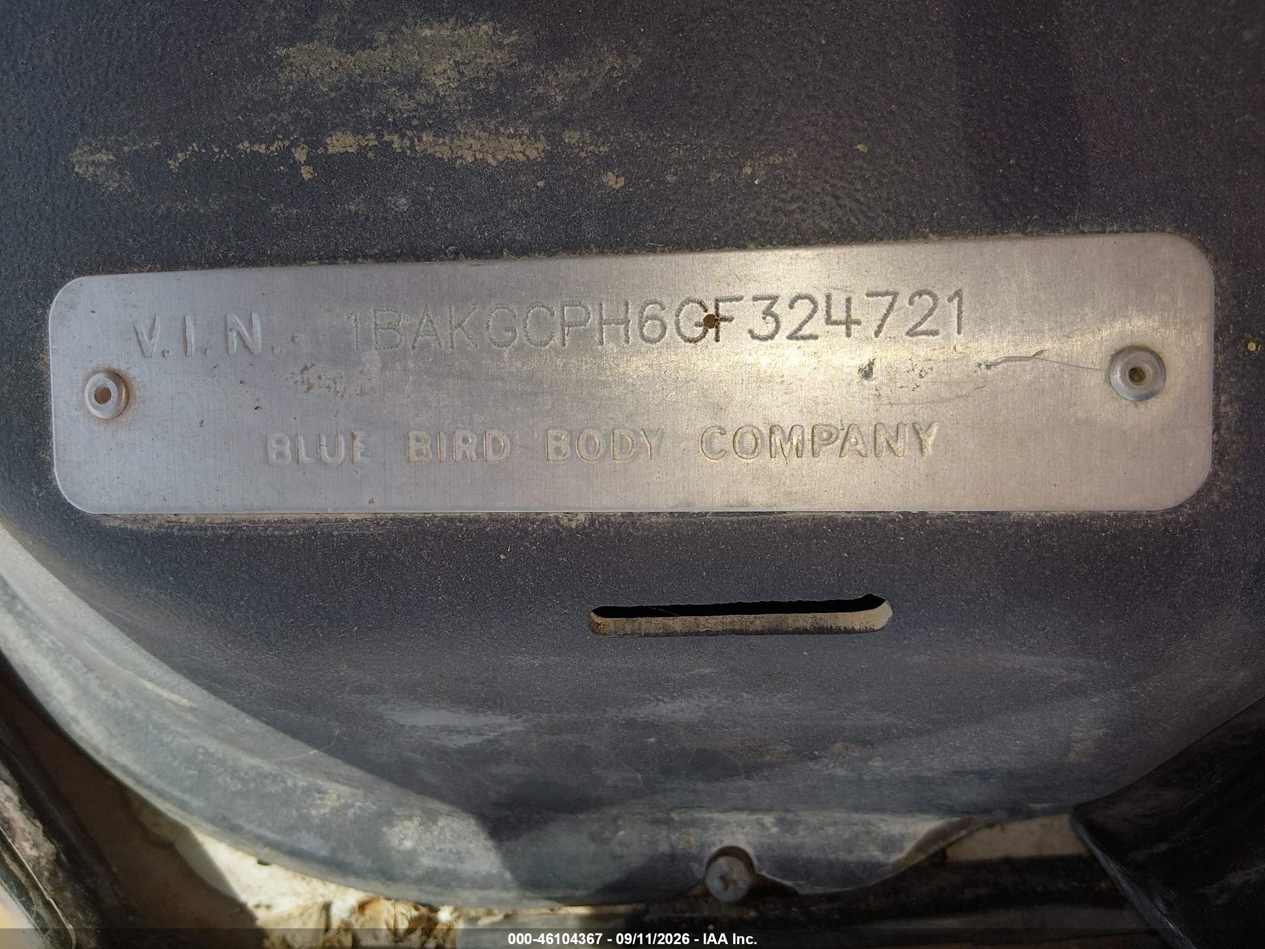 2016 Blue Bird School Bus / Transit Bus VIN 1BAKGCPH6GF324721 IAAI salvage auction — Side, Salvage (Tennessee), sold $5,500 on 2026-09-21 (photo 9)