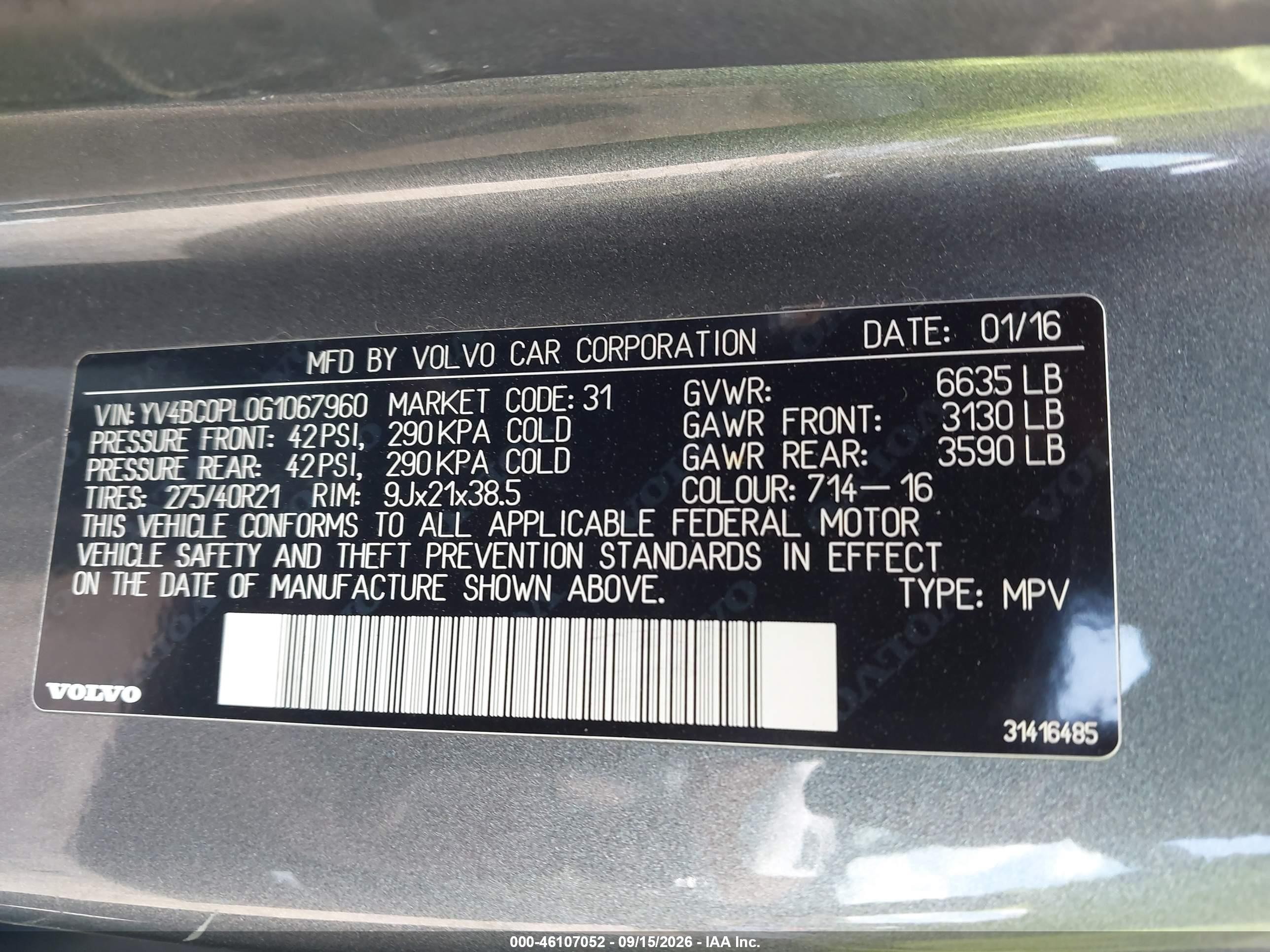 2016 Volvo Xc90 VIN YV4BC0PL0G1067960 IAAI salvage auction — Side, Salvage (North Carolina), sold $5,200 on 2026-10-02 (photo 9)