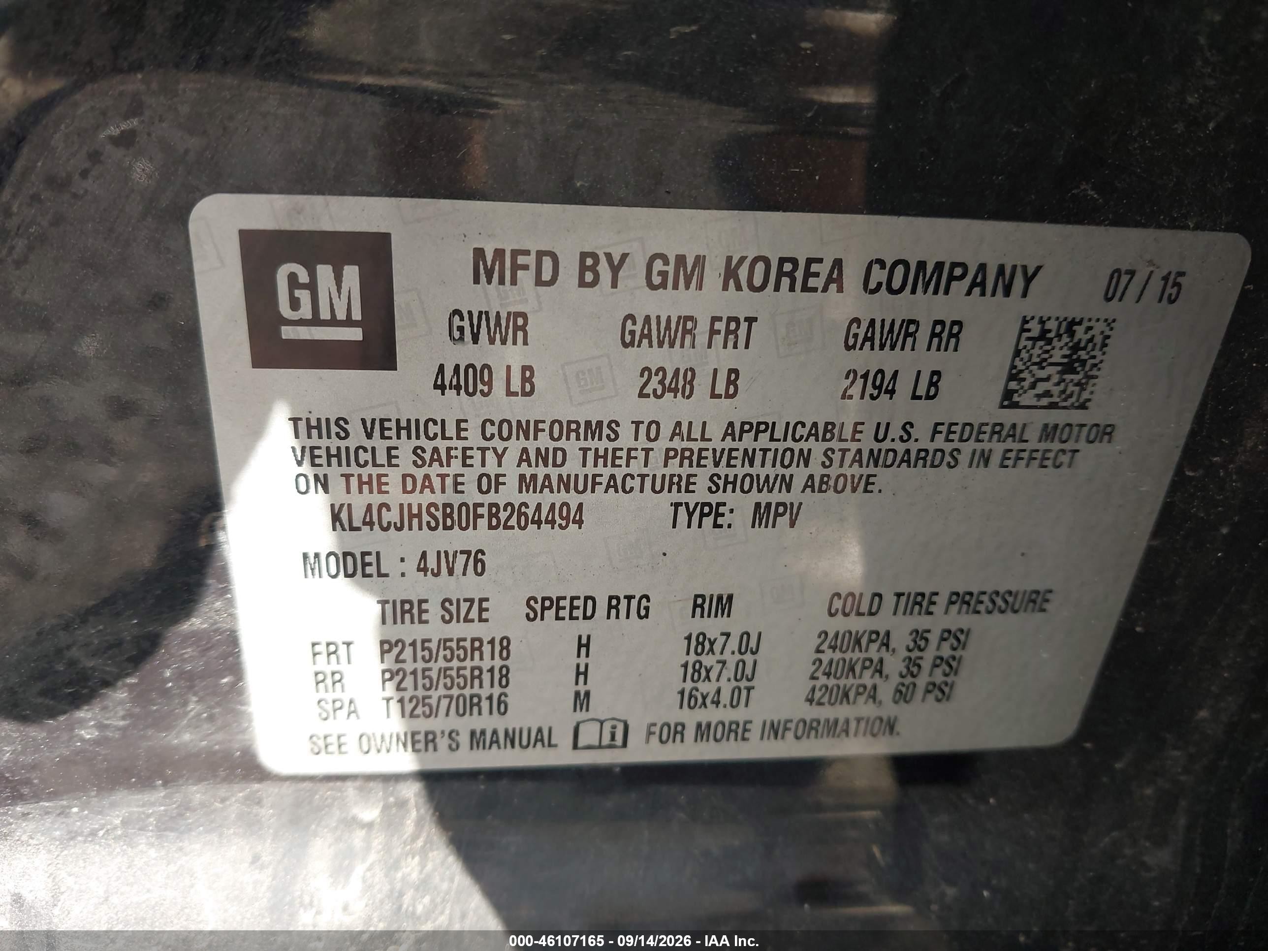2015 Buick Encore VIN KL4CJHSB0FB264494 IAAI salvage auction — Front End, Salvage (Pennsylvania), sold $500 on 2026-09-19 (photo 9)