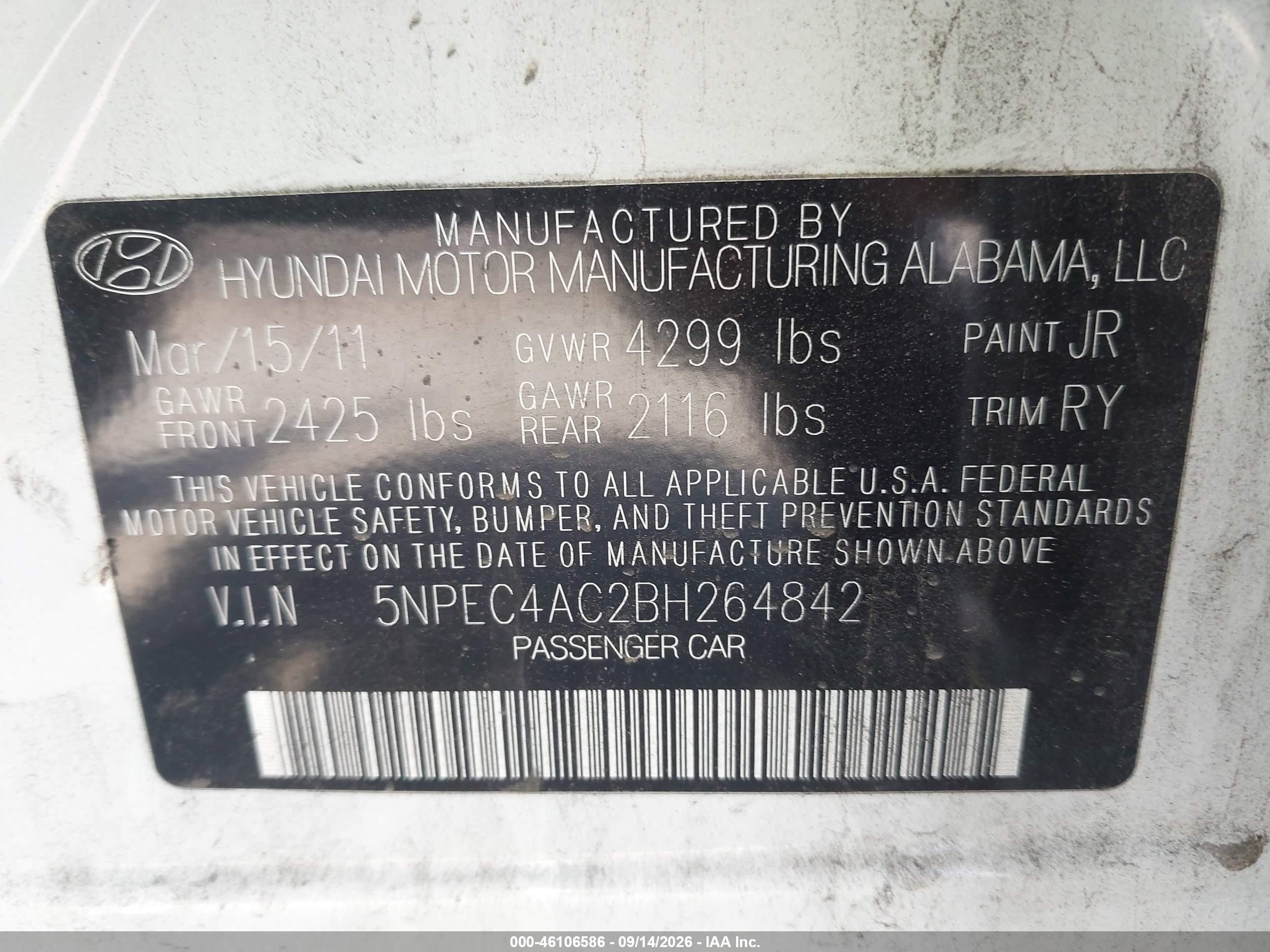 2011 Hyundai Sonata VIN 5NPEC4AC2BH264842 IAAI salvage auction — Normal Wear, Clear - Dealer Only (California), sold $600 on 2026-10-05 (photo 9)