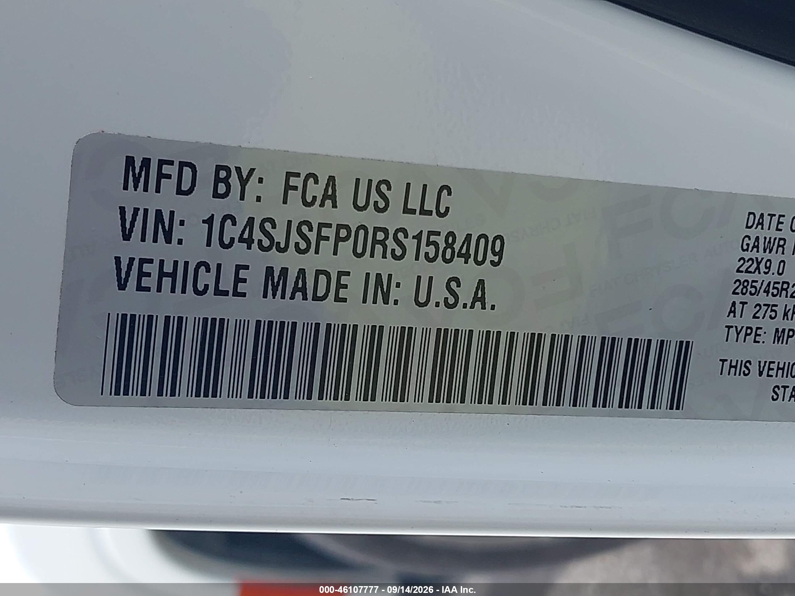 2024 Jeep Grand Wagoneer VIN 1C4SJSFP0RS158409 IAAI salvage auction — Side, Enterprise Vehicles Clear Only (Louisiana), sold $32,400 on 2026-09-17 (photo 9)