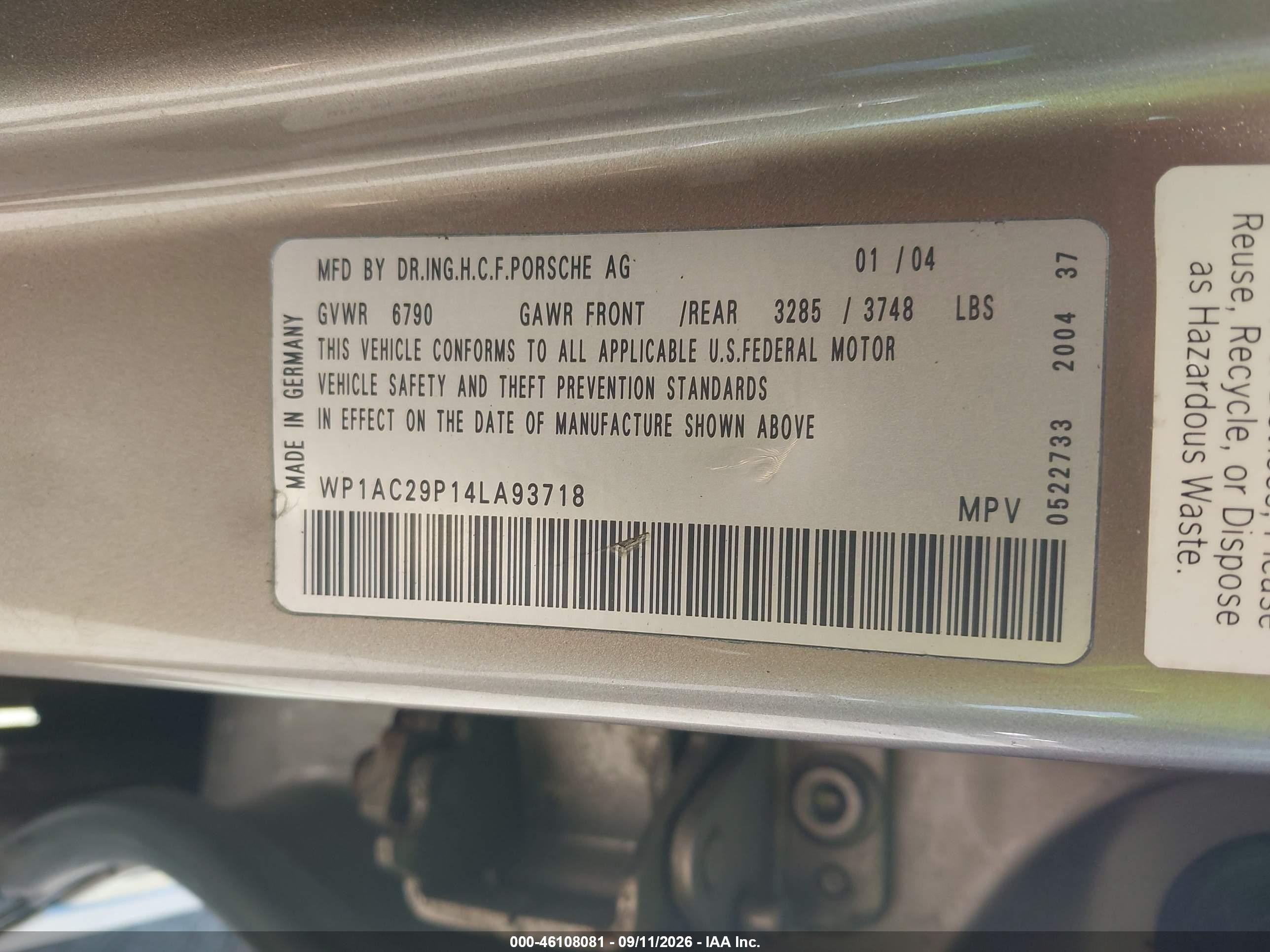 2004 Porsche Cayenne VIN WP1AC29P14LA93718 IAAI salvage auction — Rear End, Clear (New York), sold $1,100 on 2026-09-27 (photo 9)