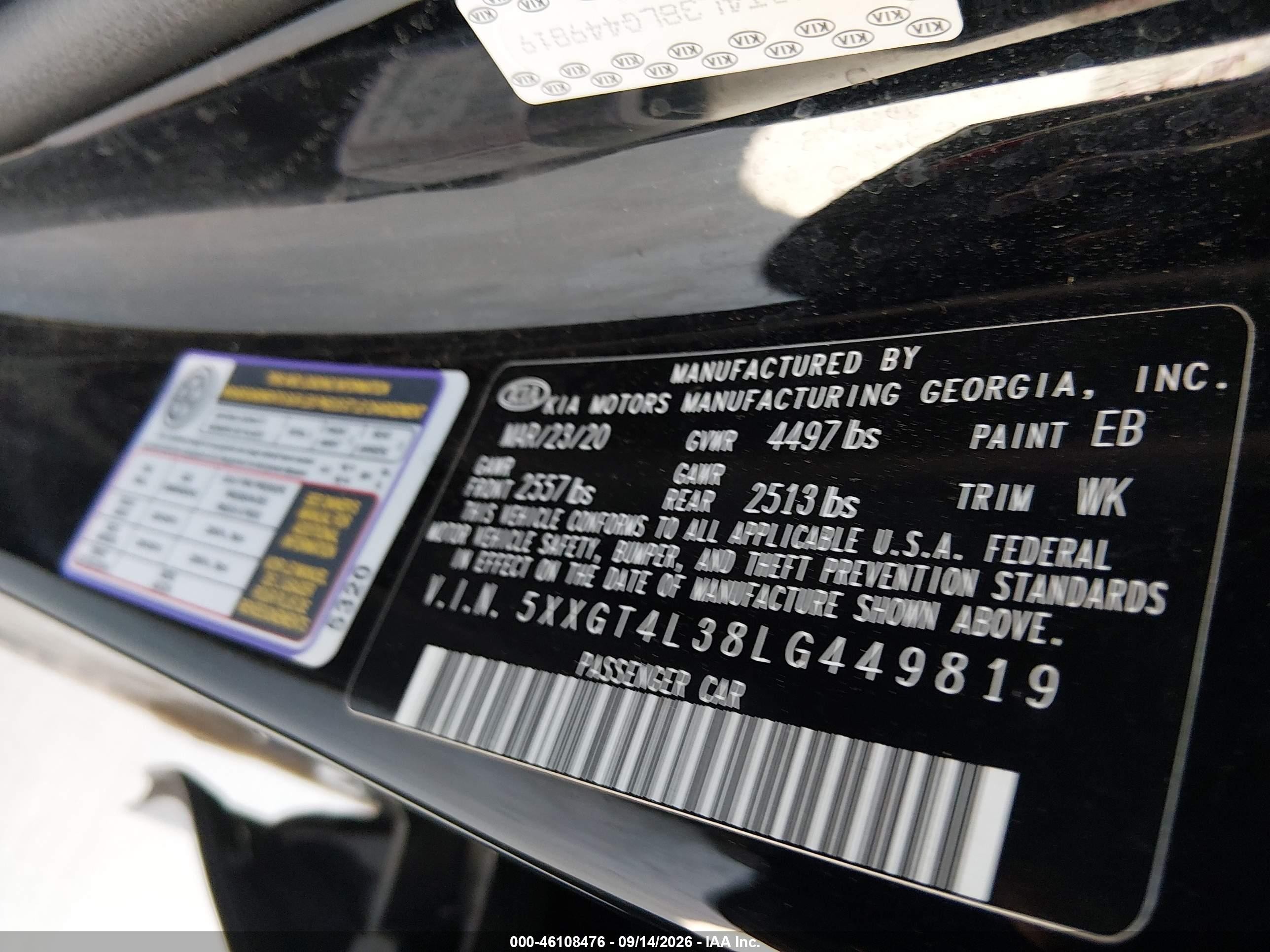 2020 Kia Optima VIN 5XXGT4L38LG449819 IAAI salvage auction — Front End, Salvage (Georgia), sold $2,150 on 2026-10-05 (photo 9)