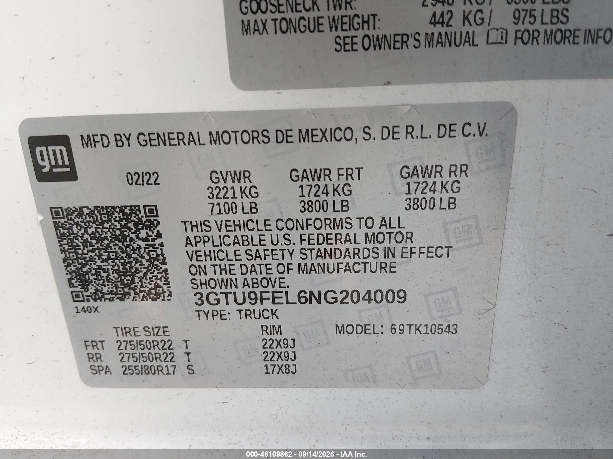 2022 Gmc SIERRA VIN 3GTU9FEL6NG204009 IAAI salvage auction — Front End, Bill Of Sale (Washington), sold $16,100 on 2026-10-02 (photo 9)