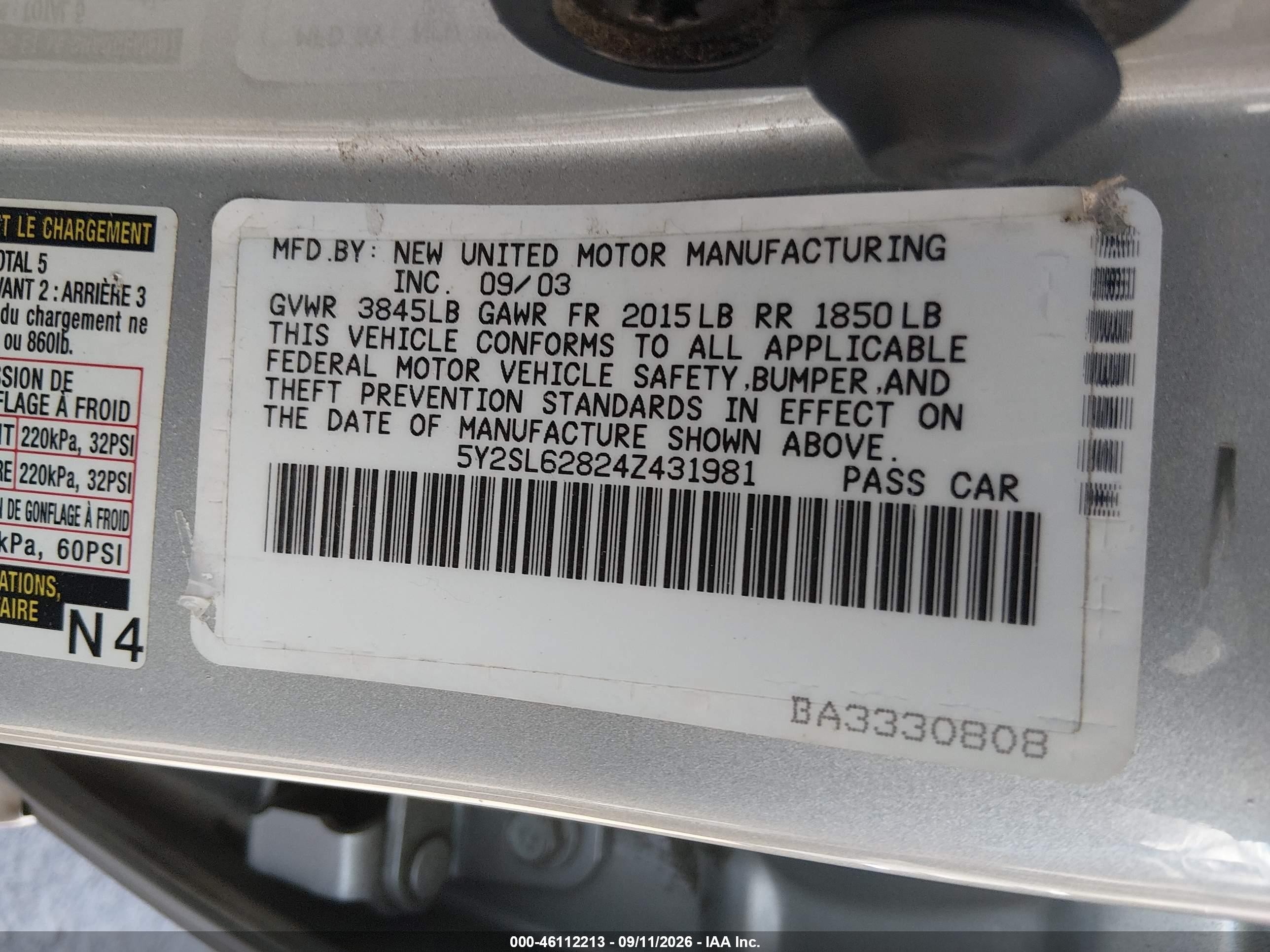 2004 Pontiac Vibe VIN 5Y2SL62824Z431981 IAAI salvage auction — Front End, Salvage (California), sold $825 on 2026-10-10 (photo 9)