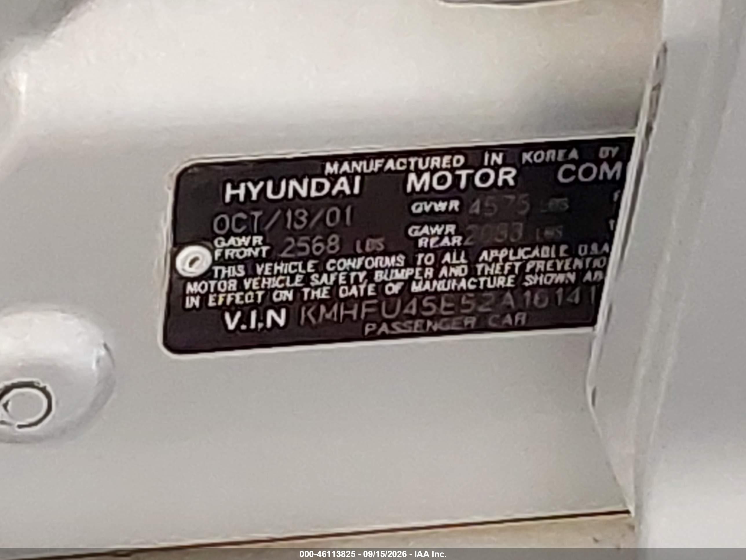 2002 Hyundai XG VIN KMHFU45E52A161415 IAAI salvage auction — Normal Wear, Clear (Colorado), sold $225 on 2026-10-06 (photo 9)