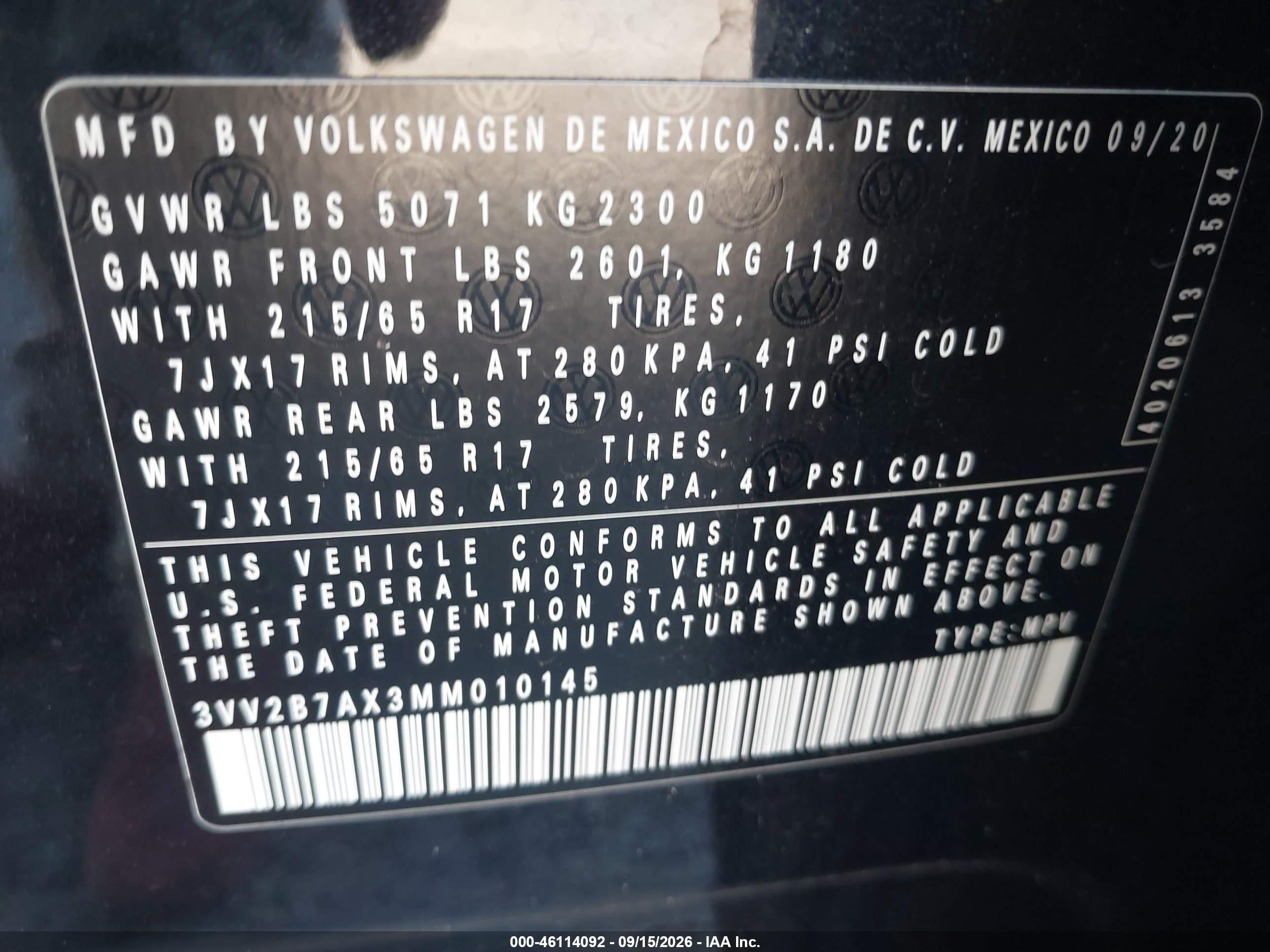 2021 Volkswagen Tiguan VIN 3VV2B7AX3MM010145 IAAI salvage auction — Side, Salvage (Pennsylvania), sold $4,850 on 2026-10-12 (photo 9)