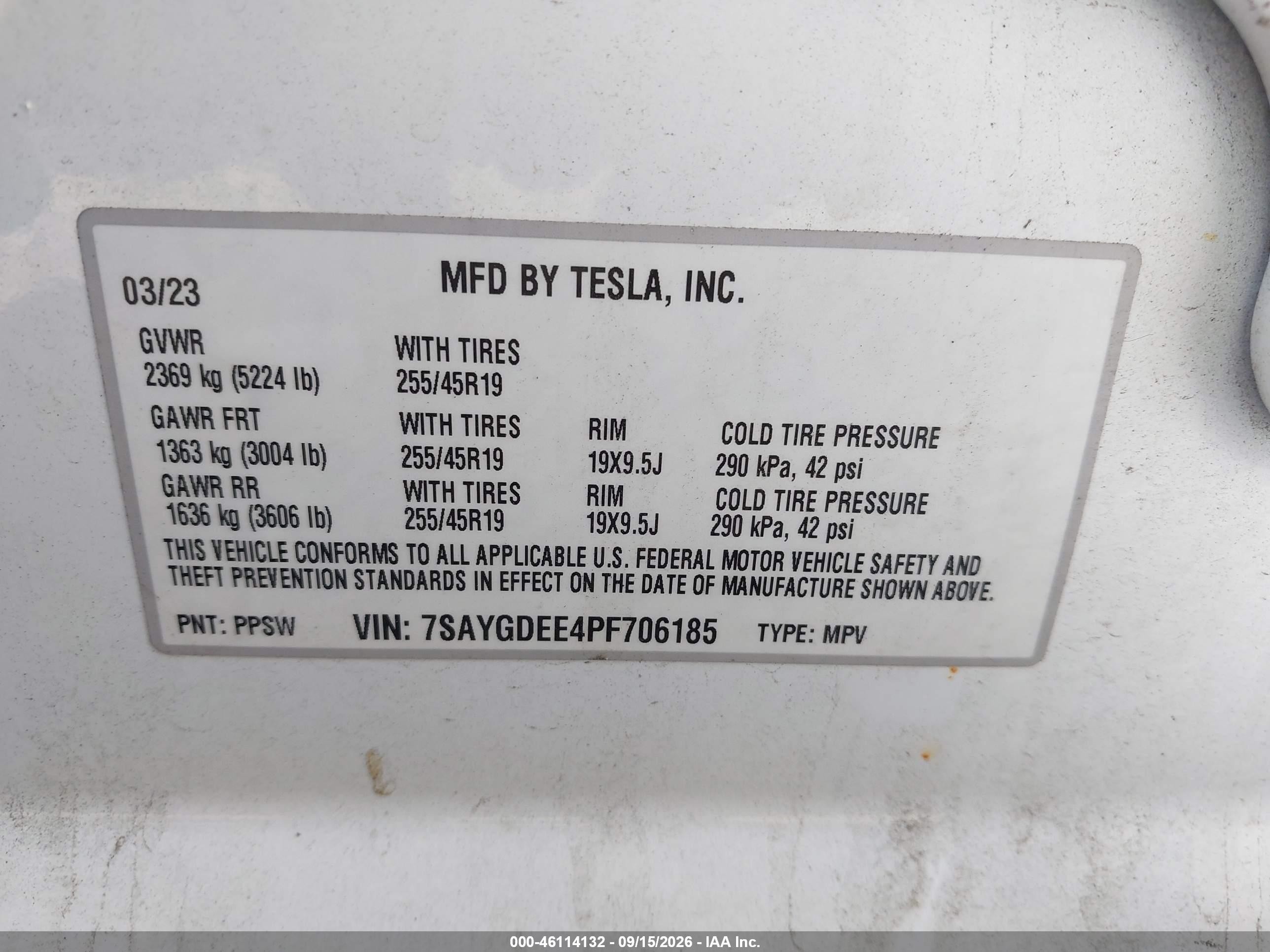 2023 Tesla Model y VIN 7SAYGDEE4PF706185 IAAI salvage auction — Unknown, Salvage (Massachusetts), sold $11,300 on 2026-09-29 (photo 8)