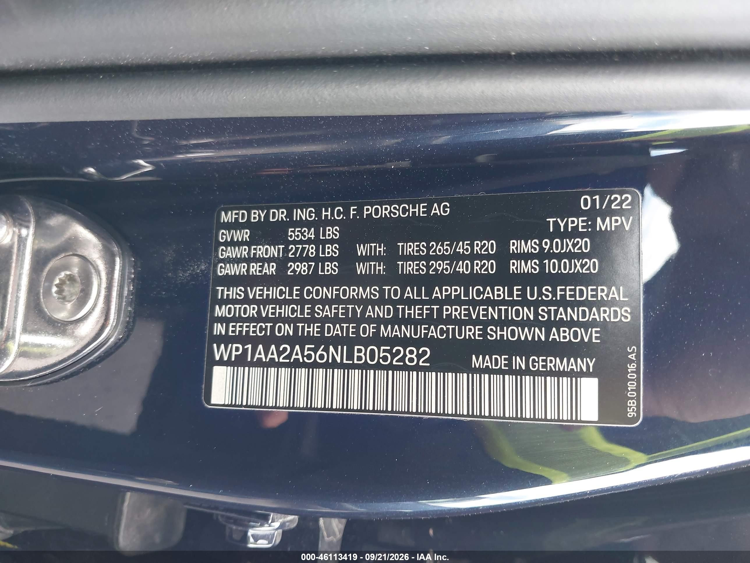 2022 Porsche Macan VIN WP1AA2A56NLB05282 IAAI salvage auction — Front End, Salvage (Nevada), sold $18,300 on 2026-10-09 (photo 9)