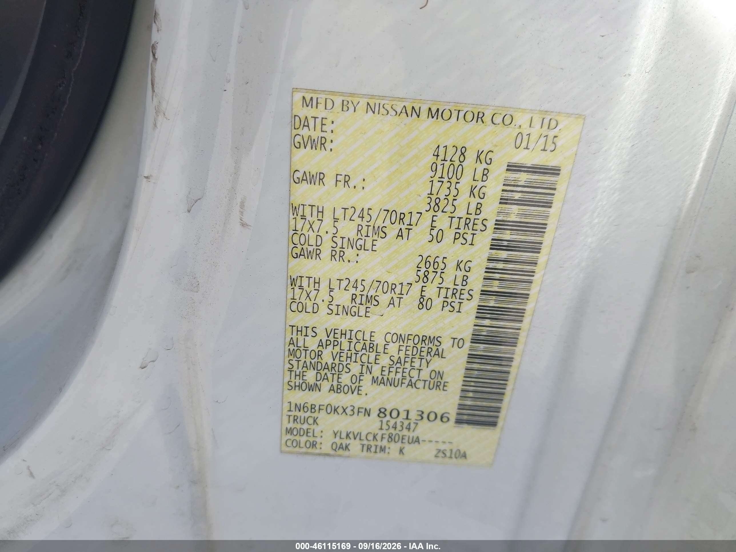 2015 Nissan VIN 1N6BF0KX3FN801306 IAAI salvage auction — Front End, Salvage (California), sold $2,200 on 2026-10-02 (photo 9)