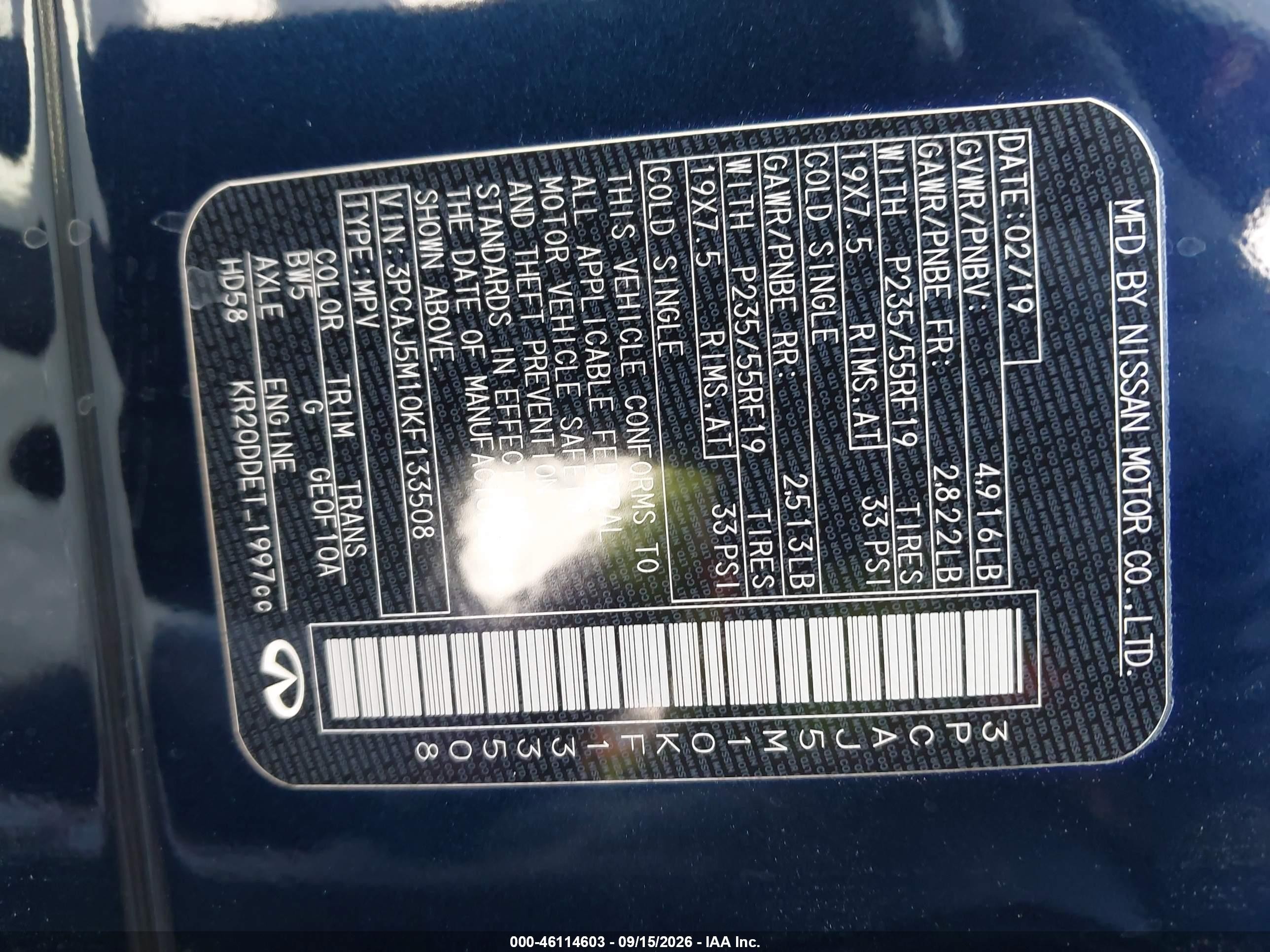 2019 Infiniti QX50 VIN 3PCAJ5M10KF133508 IAAI salvage auction — Front End, Salvage (California), sold $3,050 on 2026-09-24 (photo 9)