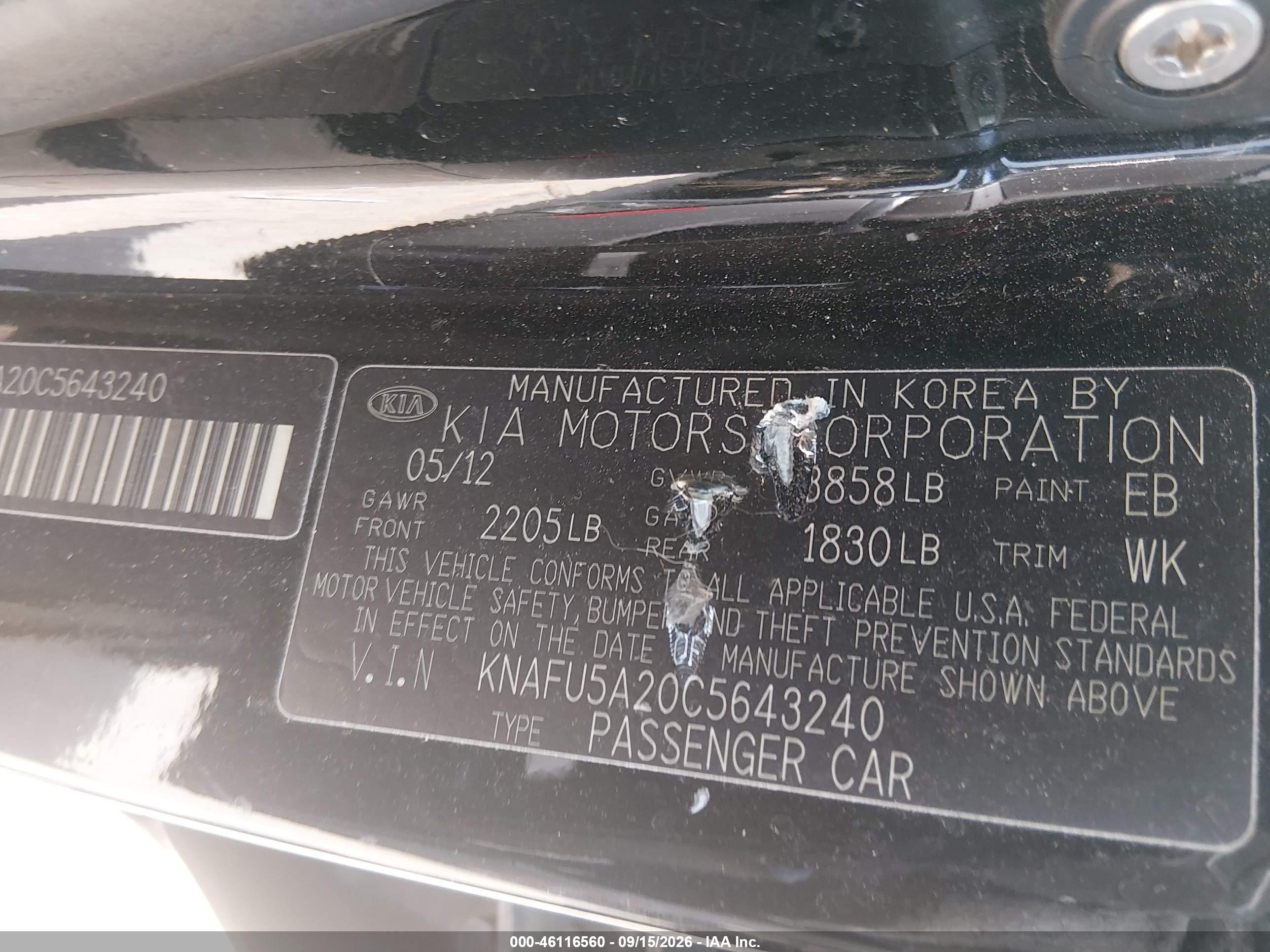 2012 Kia Forte VIN KNAFU5A20C5643240 IAAI salvage auction — Unknown, Salvage (Texas), sold $400 on 2026-10-09 (photo 9)