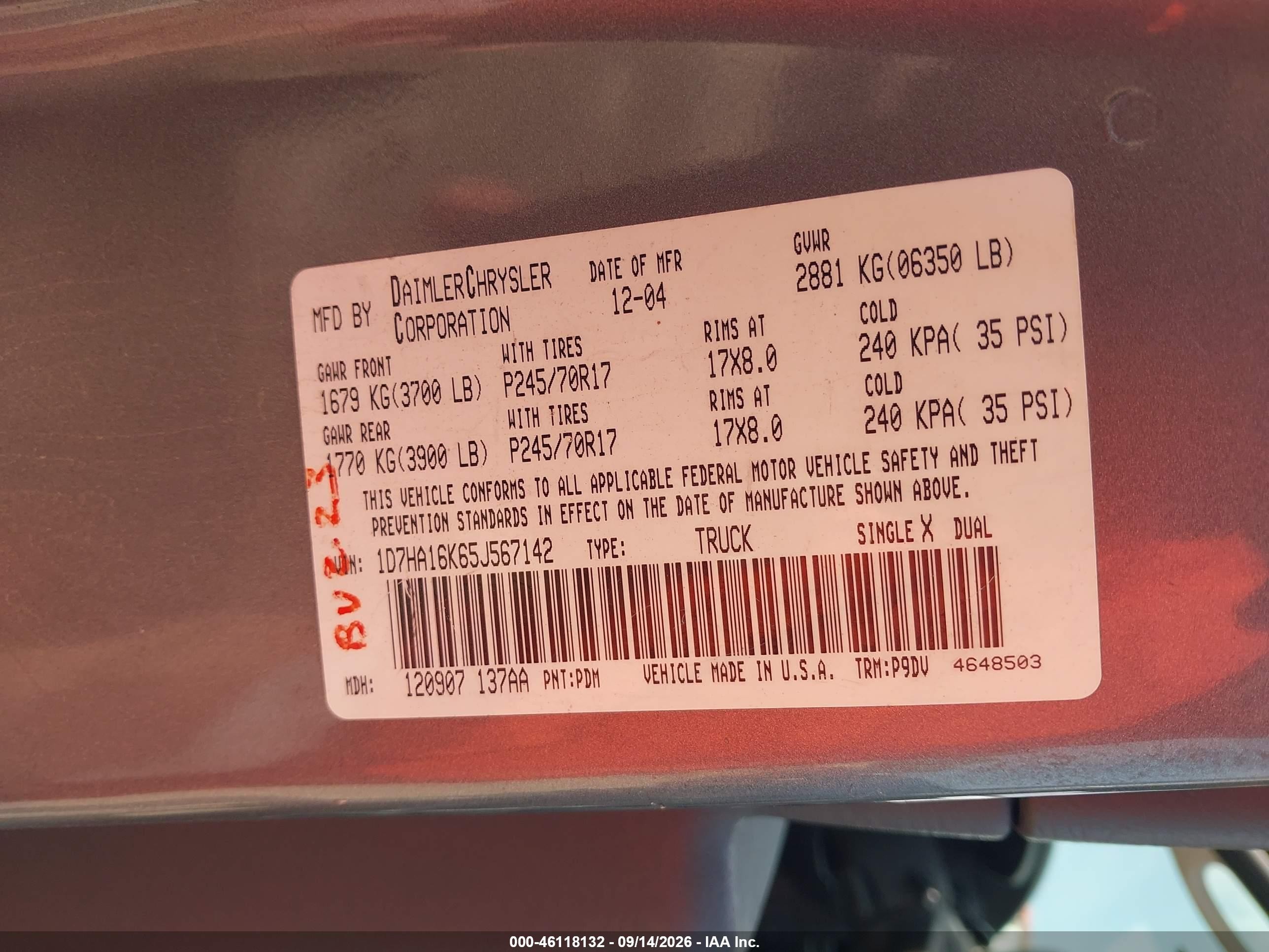 2005 Dodge Ram 1500 VIN 1D7HA16K65J567142 IAAI salvage auction — Normal Wear, Clear (Illinois), sold $700 on 2026-09-27 (photo 9)
