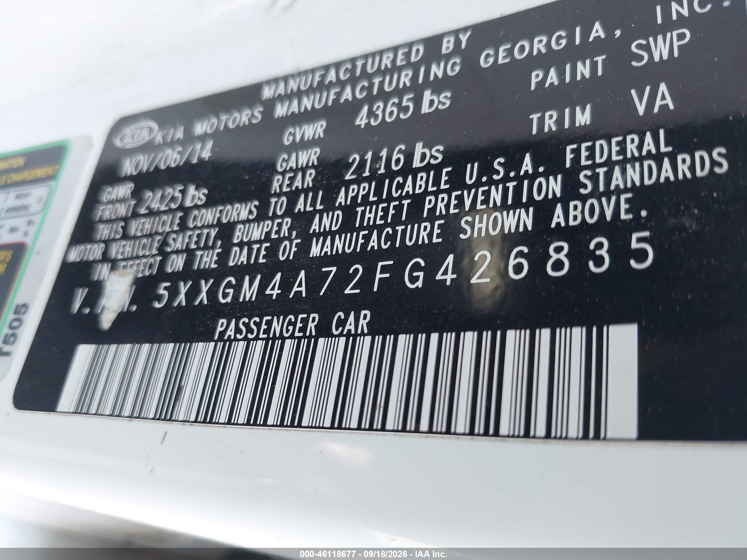2015 Kia Optima VIN 5XXGM4A72FG426835 IAAI salvage auction — Normal Wear, Clear (Montana), sold $775 on 2026-10-08 (photo 9)