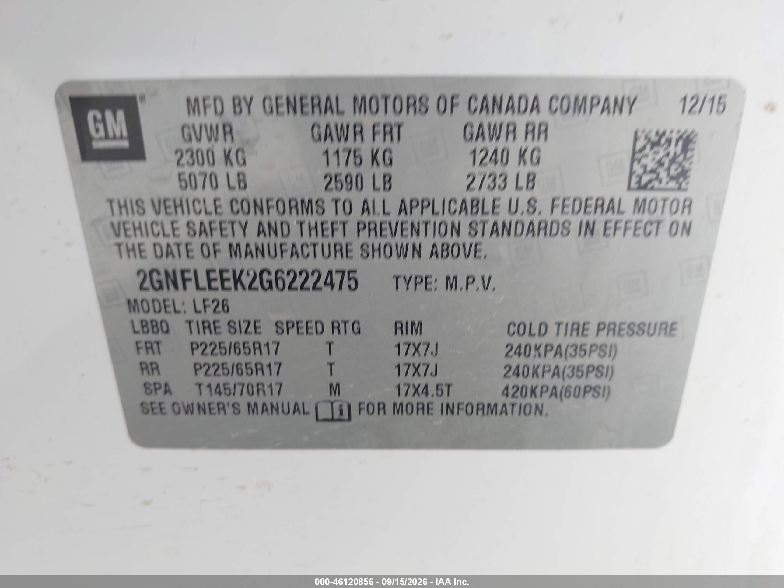 2016 Chevrolet Equinox VIN 2GNFLEEK2G6222475 IAAI salvage auction — Rear End, Salvage (Pennsylvania), sold $650 on 2026-10-21 (photo 9)