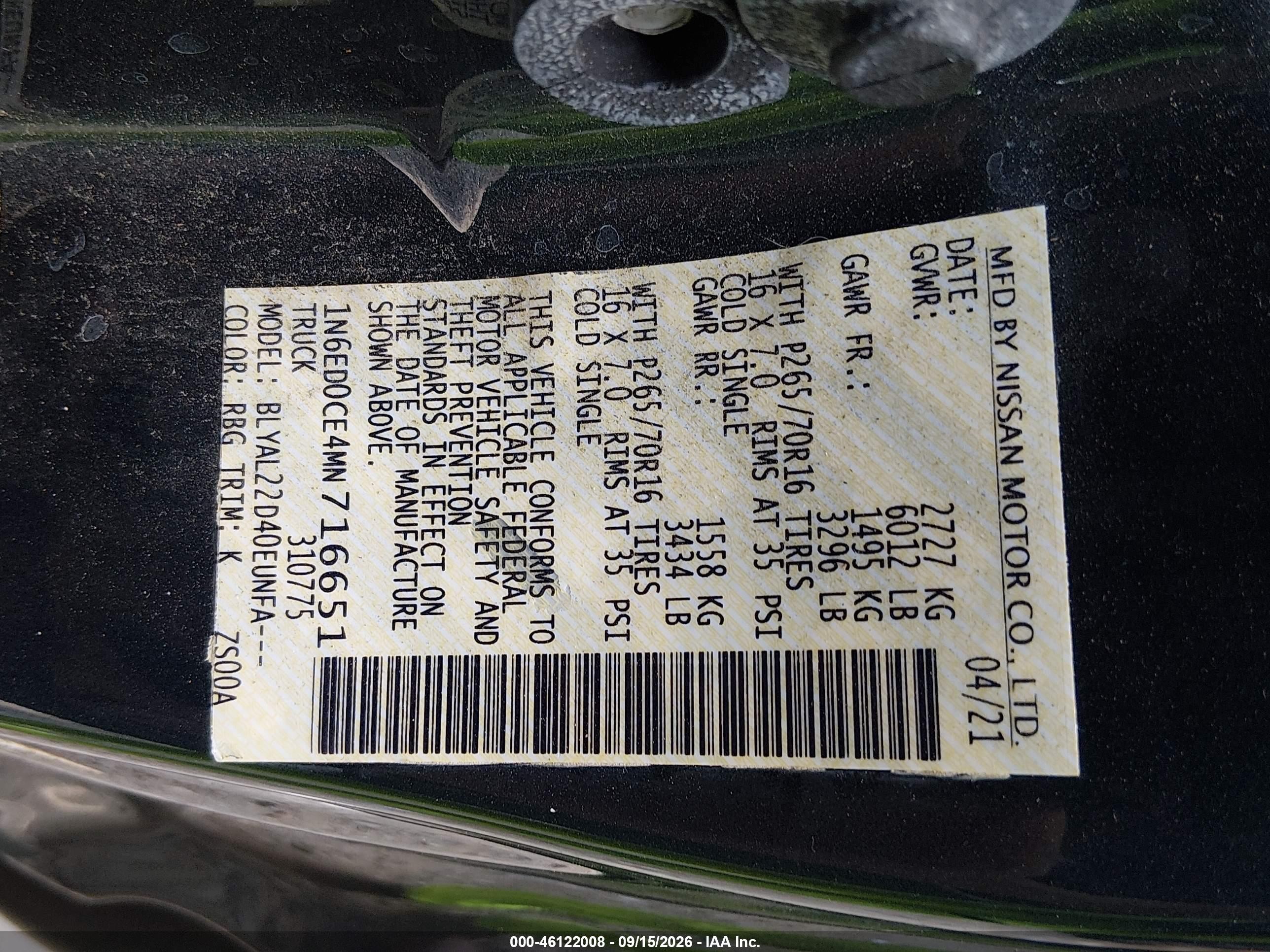 2021 Nissan Navara (frontier) VIN 1N6ED0CE4MN716651 IAAI salvage auction — Side, Clear (South Carolina), sold $8,200 on 2026-10-10 (photo 9)