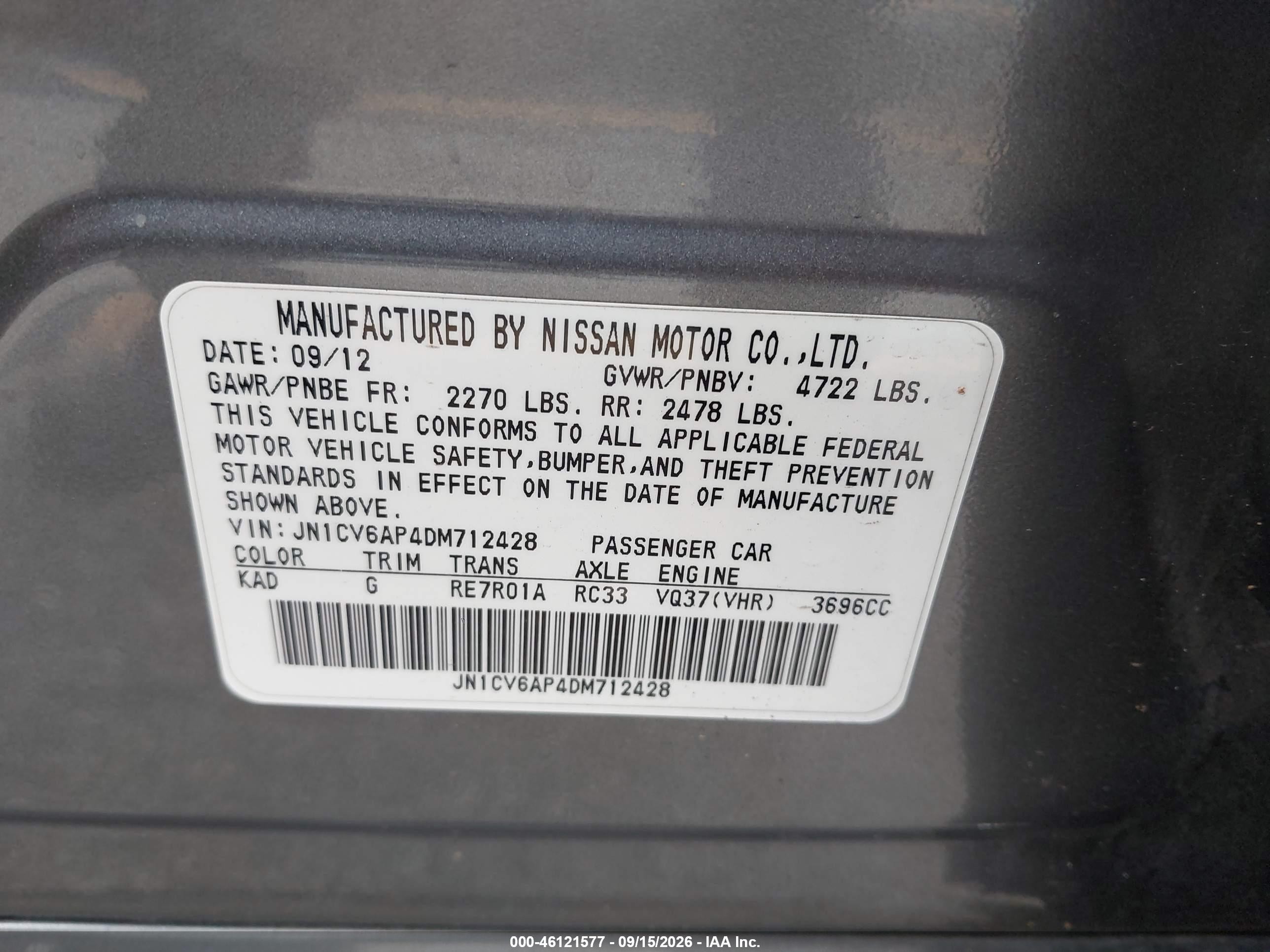 2013 Infiniti G VIN JN1CV6AP4DM712428 IAAI salvage auction — Side, Salvage (California), sold $1,600 on 2026-09-26 (photo 9)