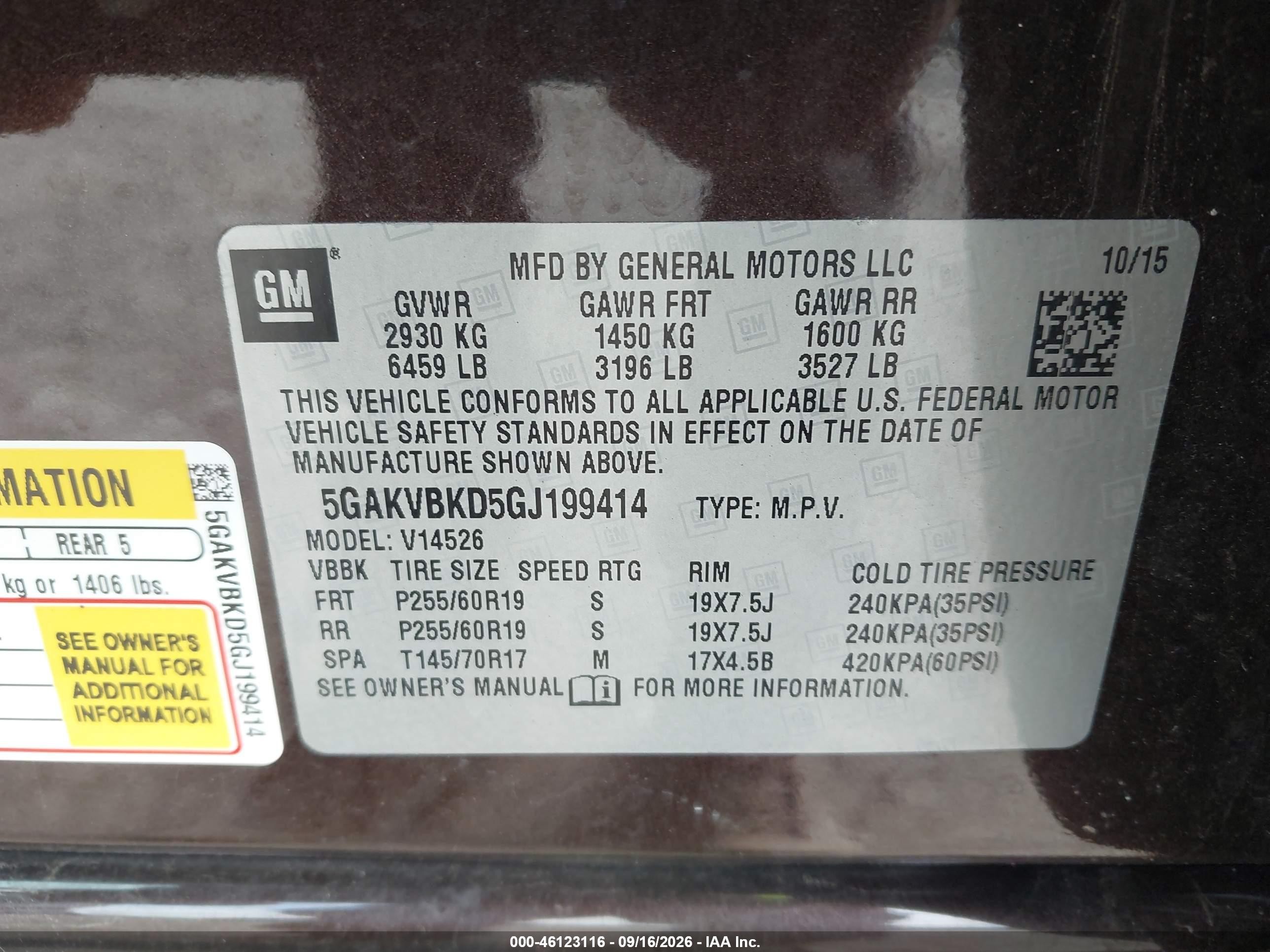2016 Buick Enclave VIN 5GAKVBKD5GJ199414 IAAI salvage auction — Front End, Mv-907A (New York), sold $1,400 on 2026-09-23 (photo 9)