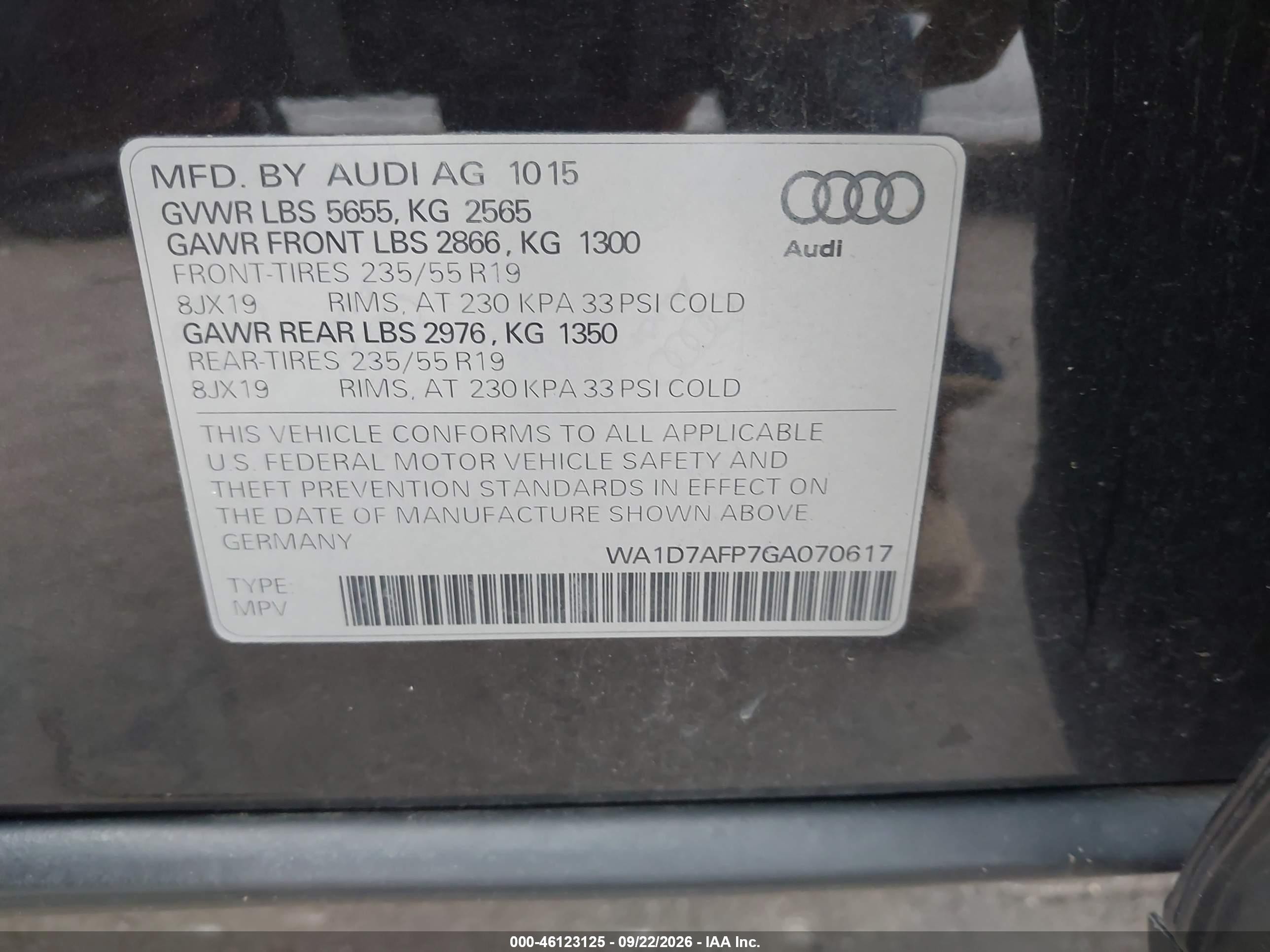 2016 Audi Q5 VIN WA1D7AFP7GA070617 IAAI salvage auction — Hail, Salvage (Ohio), sold $2,100 on 2026-10-05 (photo 9)
