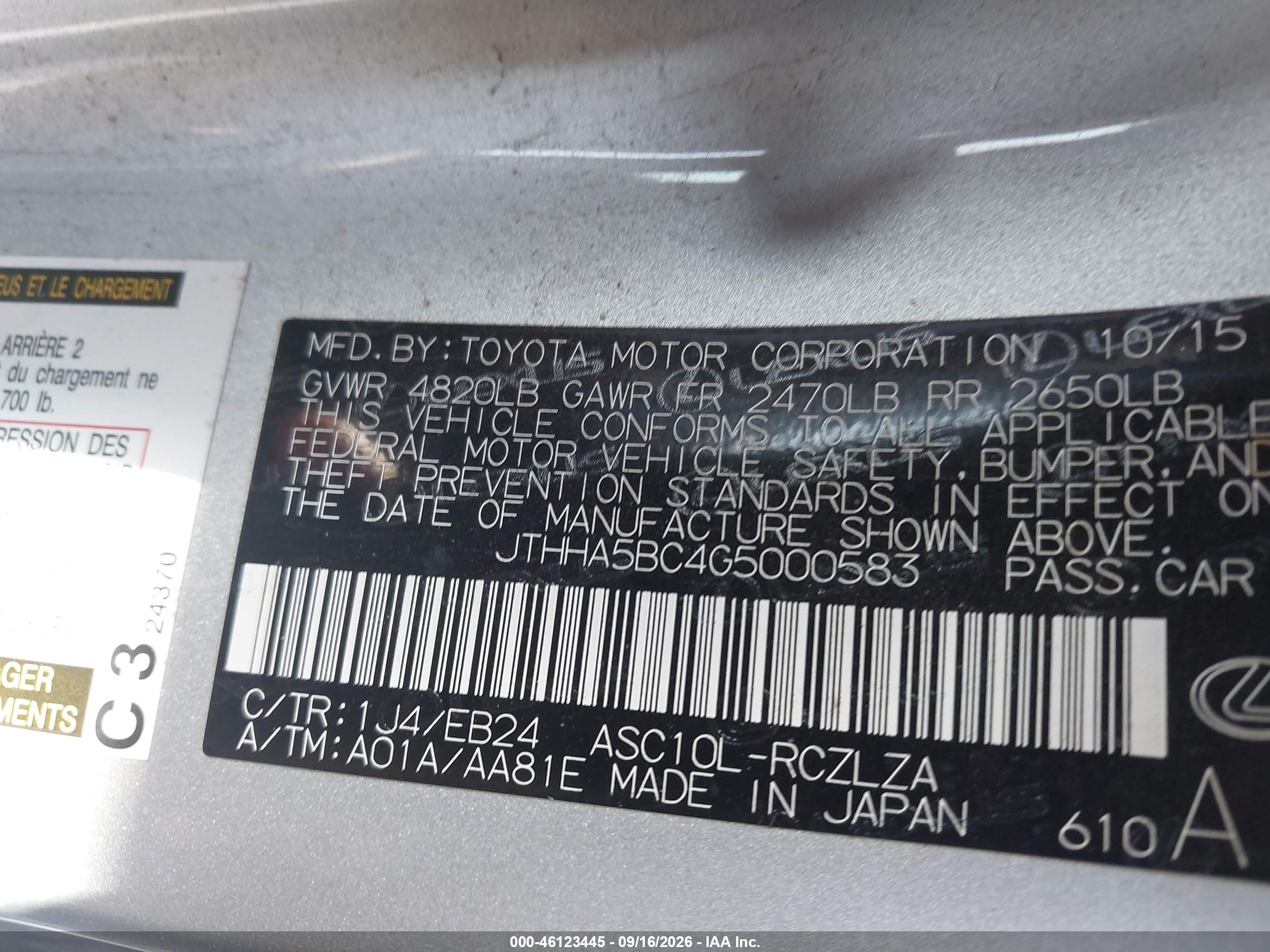 2016 Lexus Rc VIN JTHHA5BC4G5000583 IAAI salvage auction — Front End, Salvage (California), sold $7,200 on 2026-09-26 (photo 9)