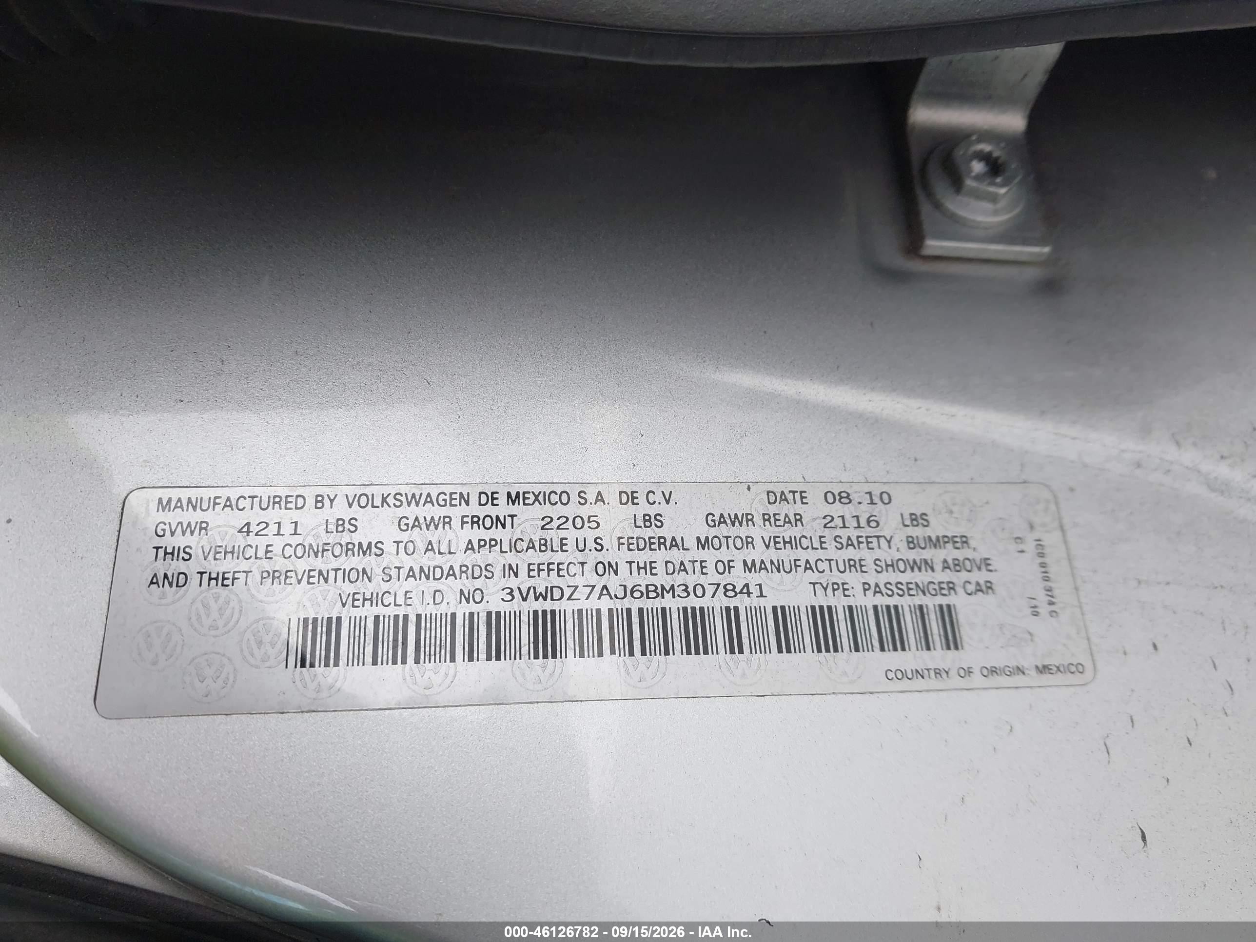 2011 Volkswagen Jetta VIN 3VWDZ7AJ6BM307841 IAAI salvage auction — Front End, Salvage (California), sold $700 on 2026-09-25 (photo 9)