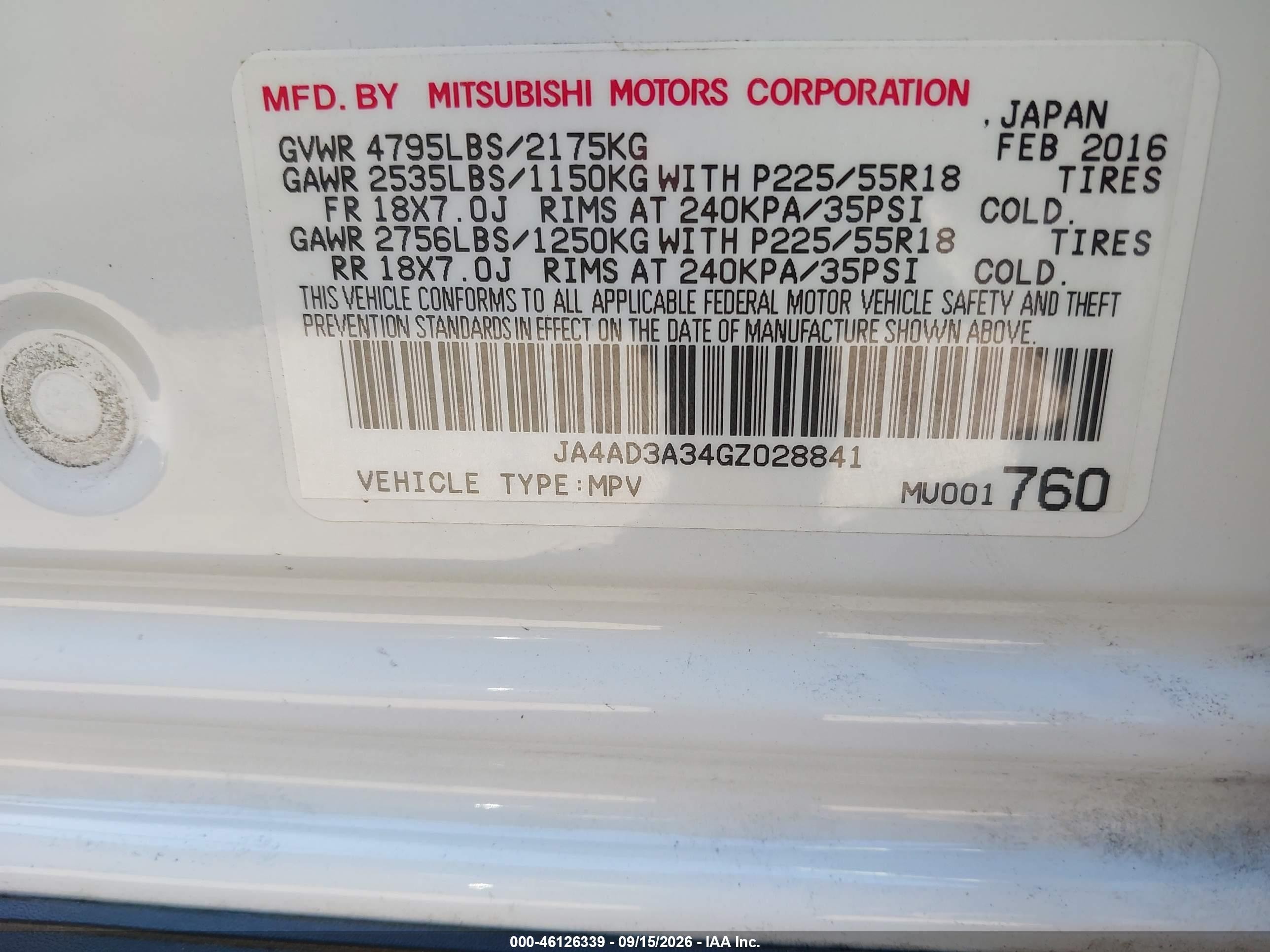 2016 Mitsubishi Outlander VIN JA4AD3A34GZ028841 IAAI salvage auction — Normal Wear, Clear - Dealer Only (California), sold $2,200 on 2026-09-26 (photo 9)