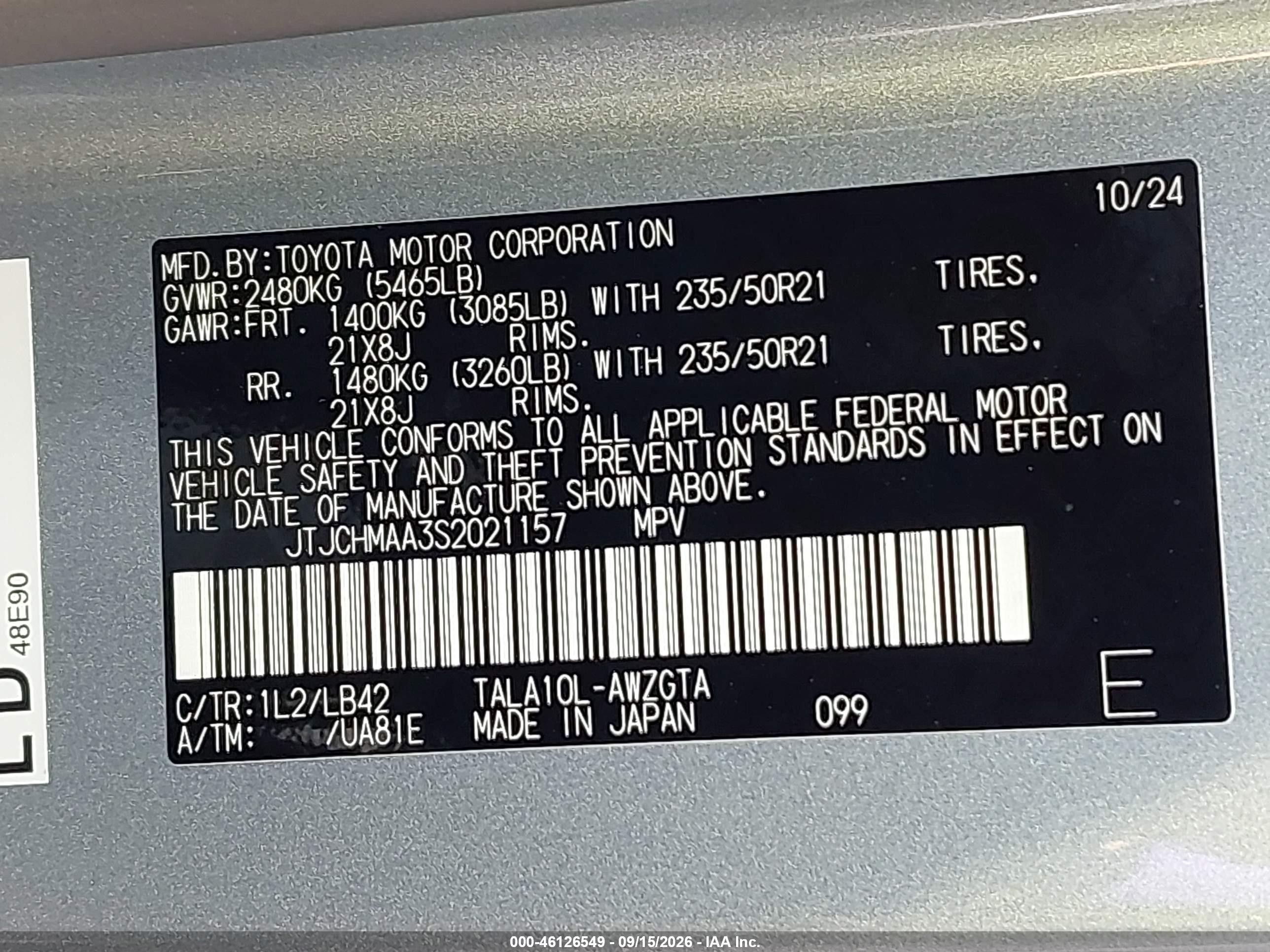 2025 Lexus Rx VIN JTJCHMAA3S2021157 IAAI salvage auction — Side, Salvage (California), sold $29,900 on 2026-10-01 (photo 9)