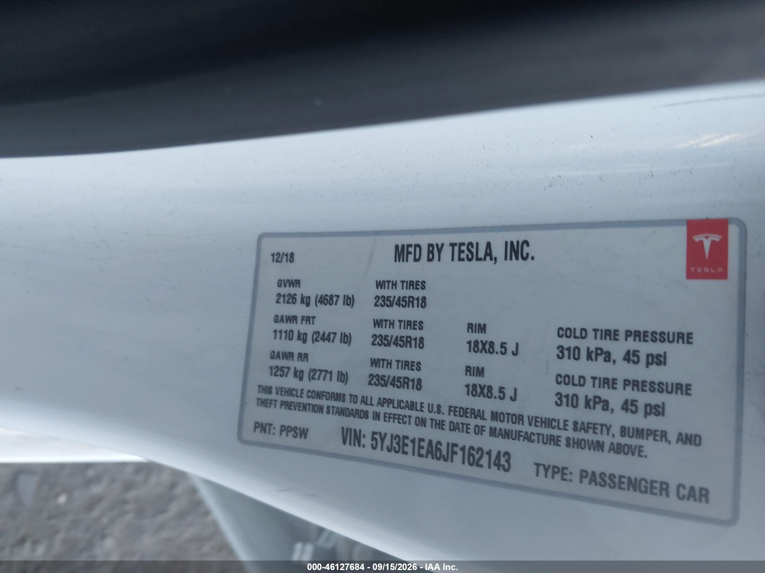 2018 Tesla Model 3 VIN 5YJ3E1EA6JF162143 IAAI salvage auction — Rear End, Salvage (California), sold $4,100 on 2026-10-16 (photo 9)