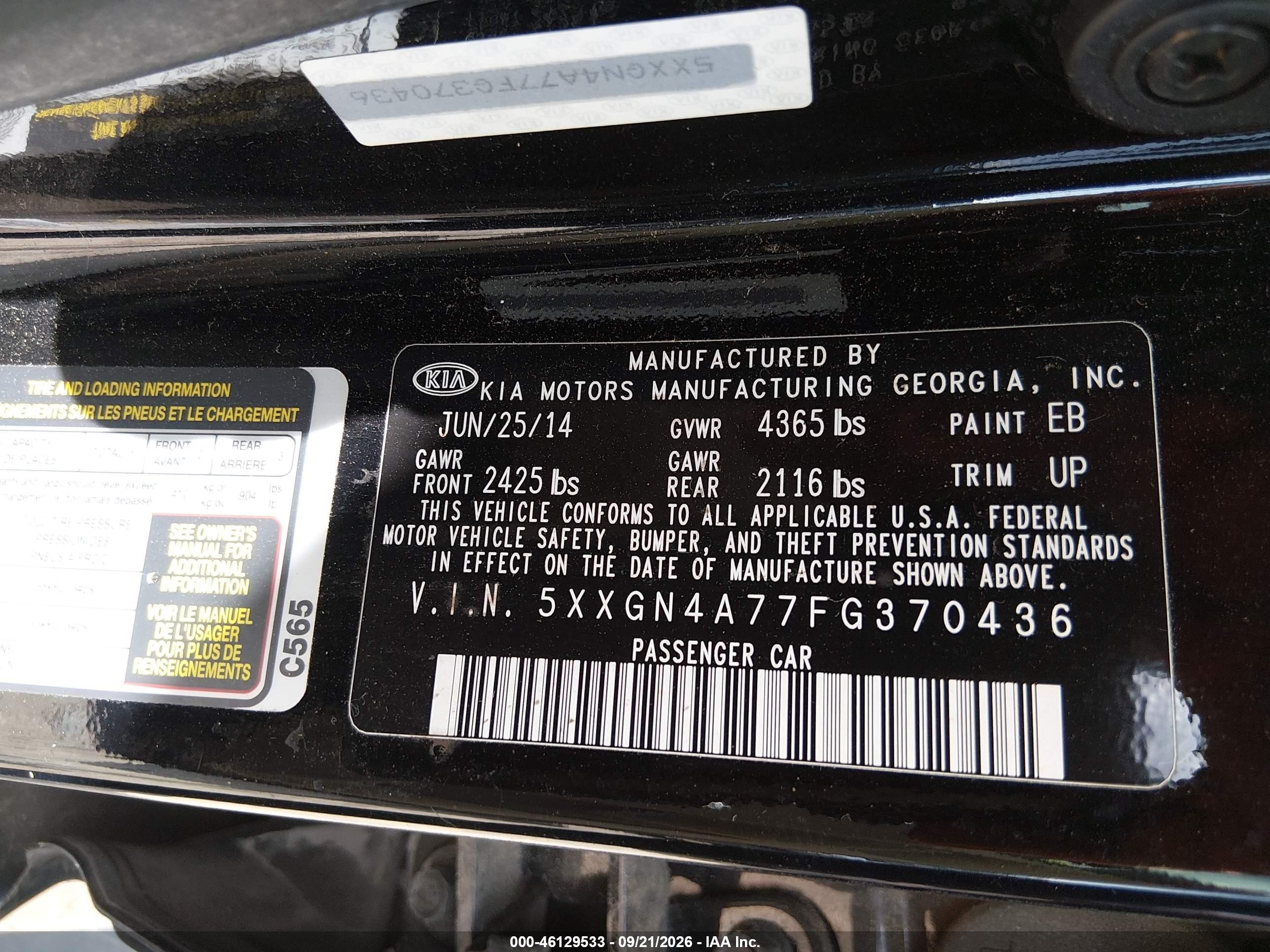 2015 Kia Optima VIN 5XXGN4A77FG370436 IAAI salvage auction — Normal Wear, Clear-Dealer Only (North Carolina), sold $1,050 on 2026-10-01 (photo 9)