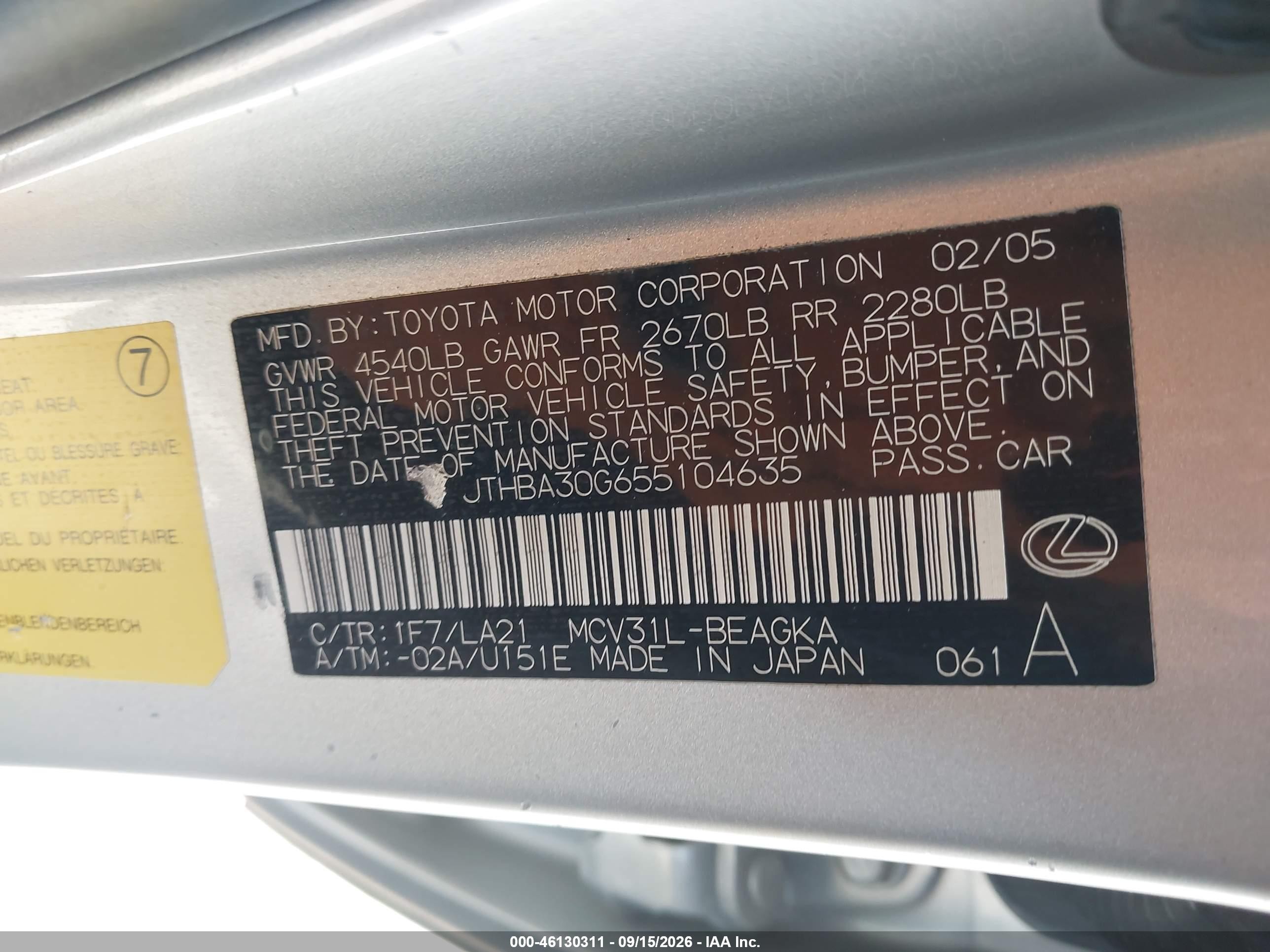 2005 Lexus Es 330 VIN JTHBA30G655104635 IAAI salvage auction — Normal Wear, Clear (Kansas), sold $875 on 2026-09-25 (photo 9)