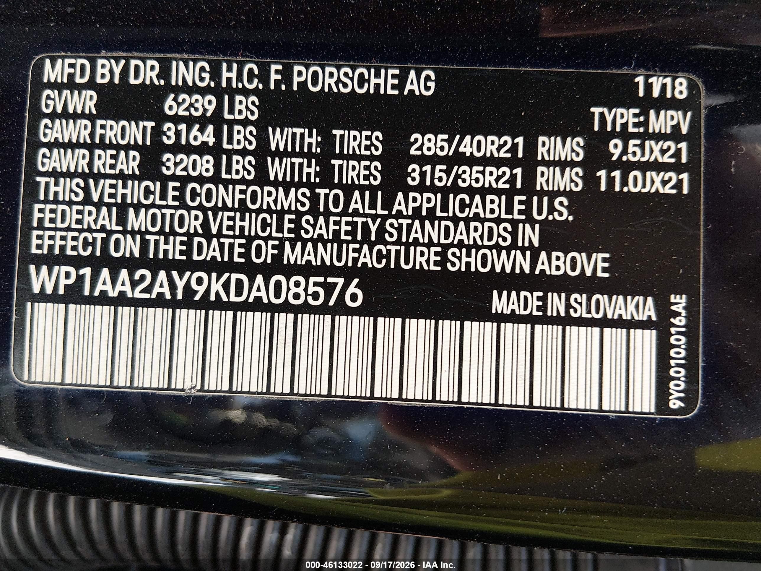 2019 Porsche Cayenne VIN WP1AA2AY9KDA08576 IAAI salvage auction — Side, Salvage (Alabama), sold $10,000 on 2026-10-06 (photo 9)