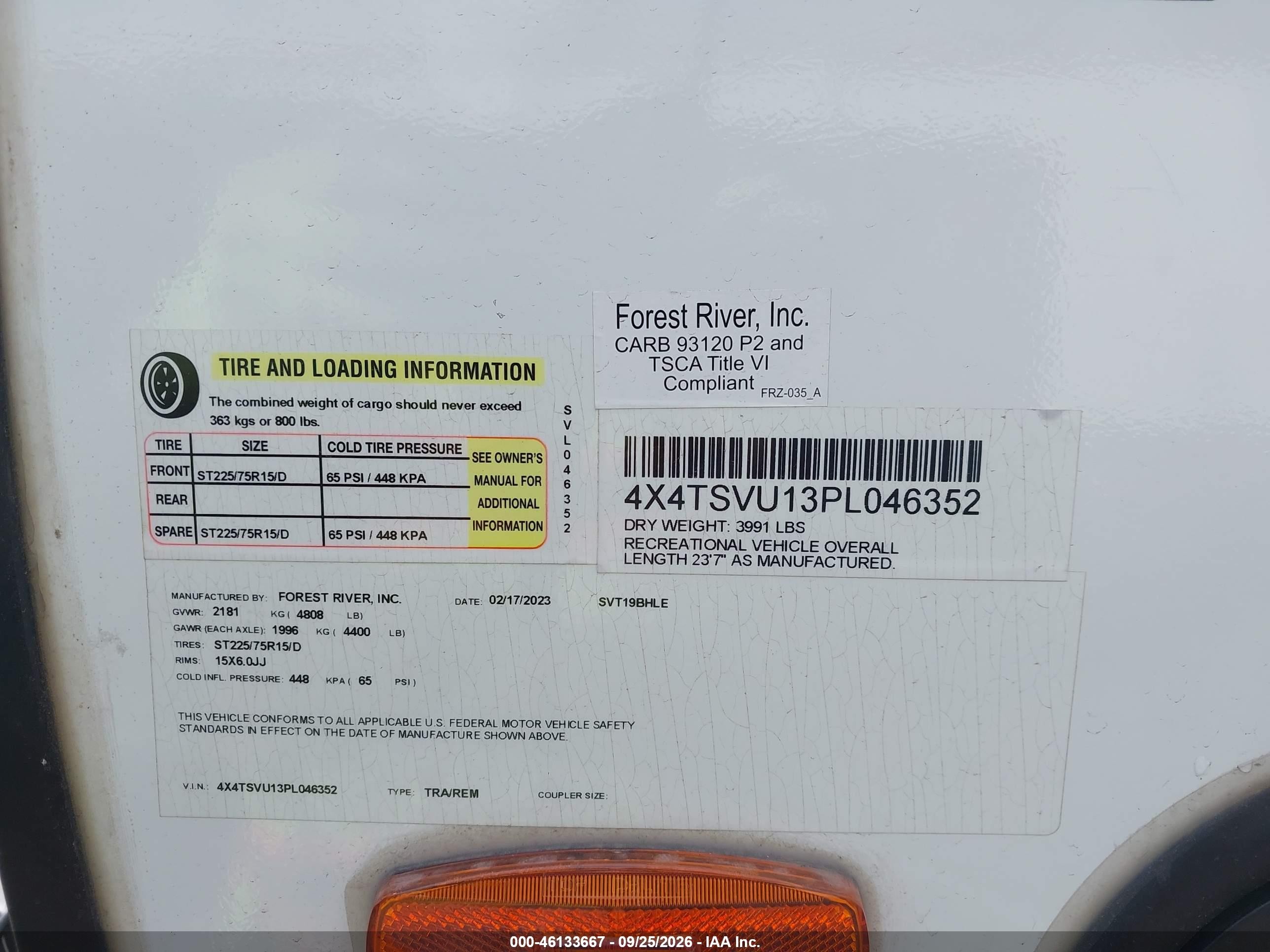 2023 Forest river Surveyor VIN 4X4TSVU13PL046352 IAAI salvage auction — Unknown, Bill Of Sale (Washington), sold $7,750 on 2026-10-14 (photo 9)