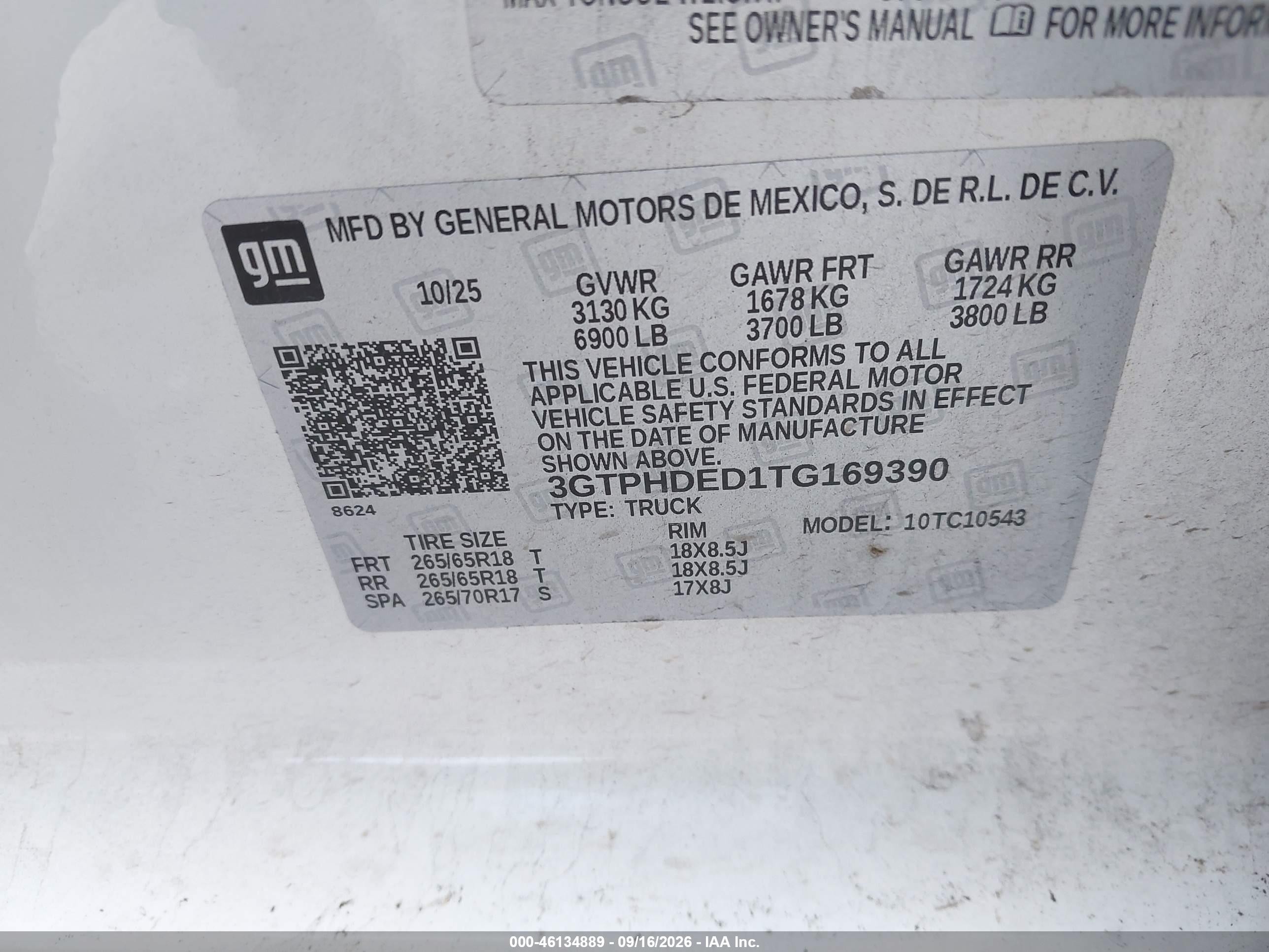 2026 Gmc VIN 3GTPHDED1TG169390 IAAI salvage auction — Rear End, Enterprise Vehicles Clear Only (Texas), sold $28,250 on 2026-09-23 (photo 9)