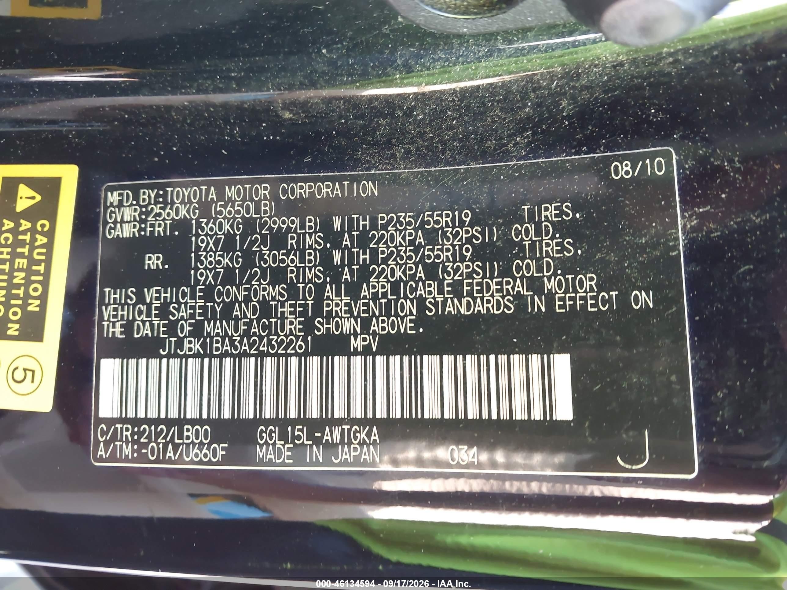 2010 Lexus Rx 350 VIN JTJBK1BA3A2432261 IAAI salvage auction — Front End, Salvage (North Carolina), sold $3,700 on 2026-10-07 (photo 9)