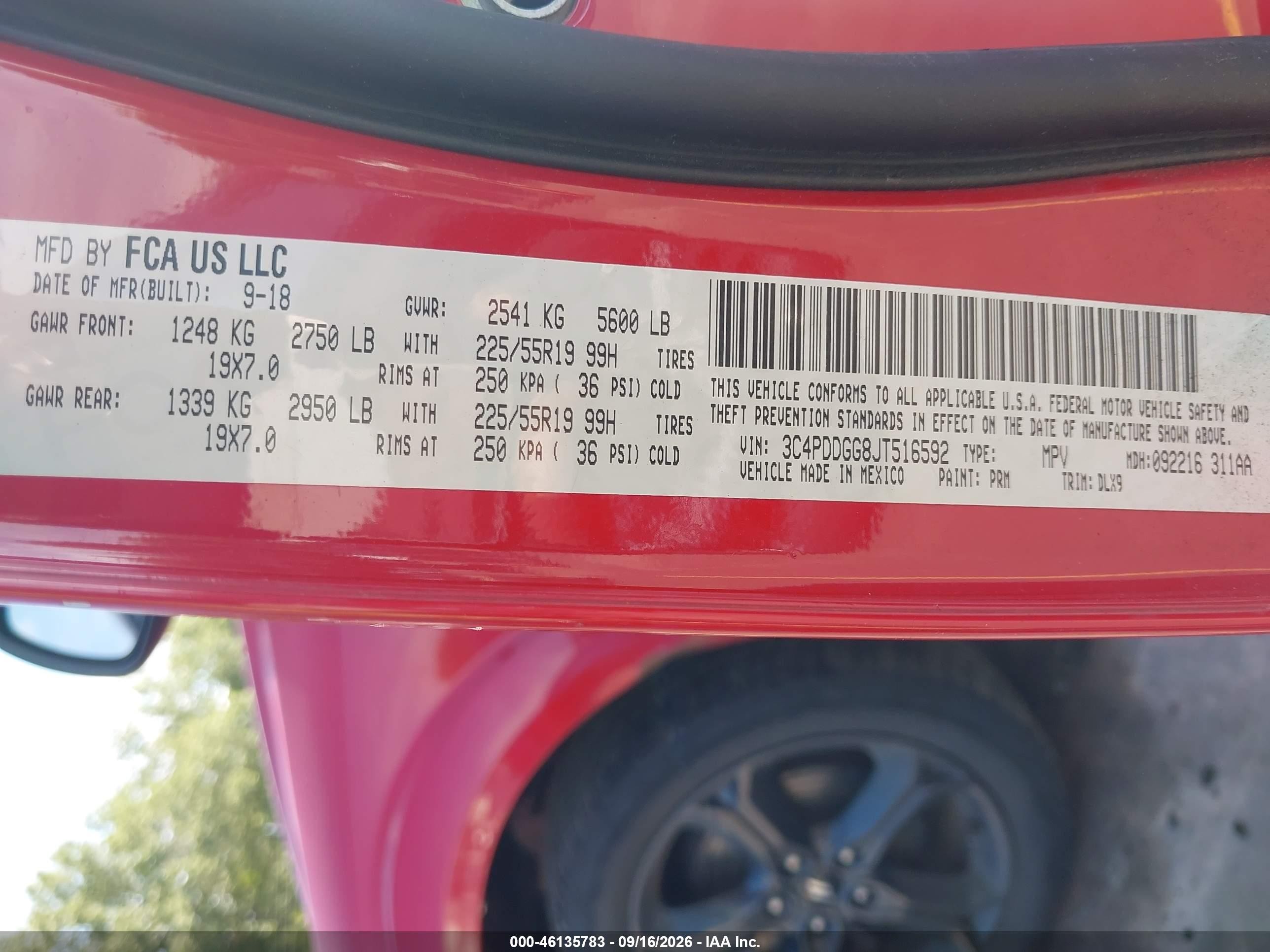 2018 Dodge Journey VIN 3C4PDDGG8JT516592 IAAI salvage auction — Normal Wear, Clear (Connecticut), sold $1,100 on 2026-09-22 (photo 9)