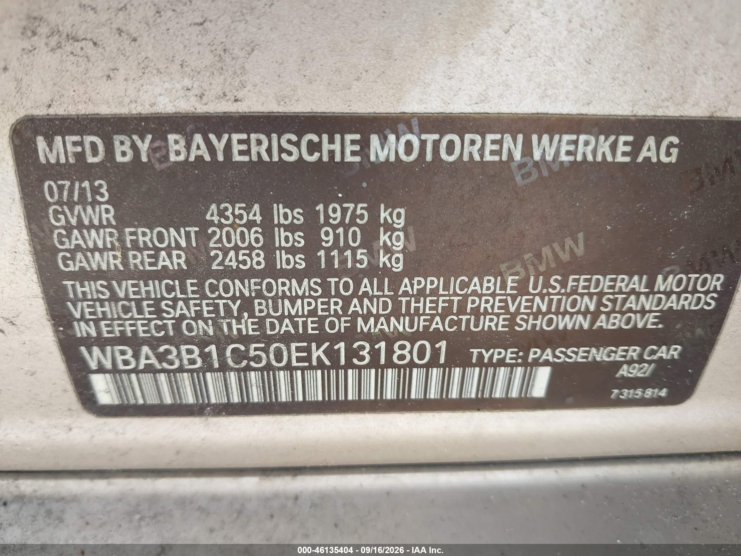 2014 BMW 3 Series VIN WBA3B1C50EK131801 IAAI salvage auction — Front End, Clear (Florida), sold $1,450 on 2026-09-27 (photo 9)