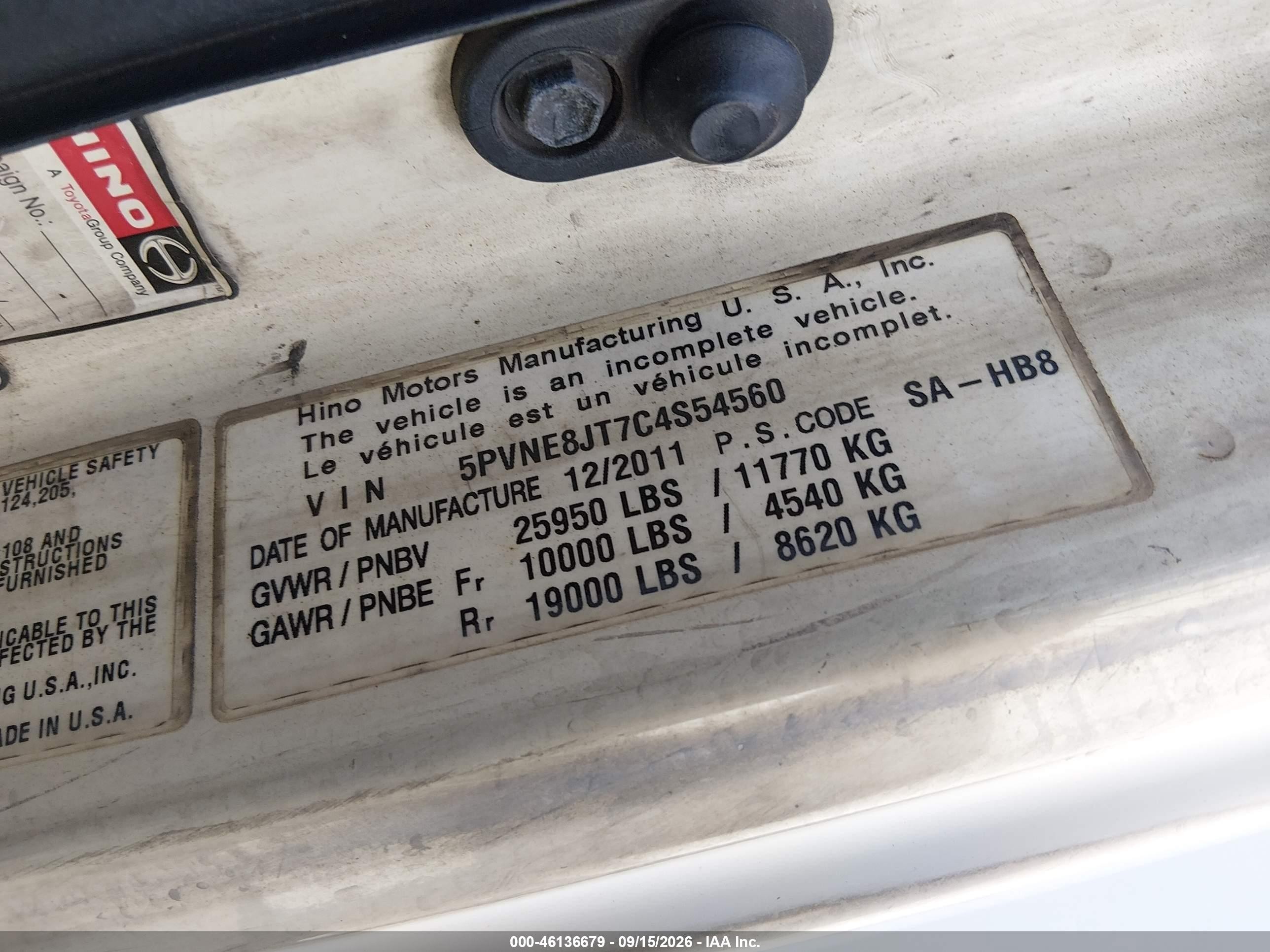 2012 Hino 268 VIN 5PVNE8JT7C4S54560 IAAI salvage auction — Rear End, Clear (New Jersey), sold $9,450 on 2026-10-05 (photo 8)