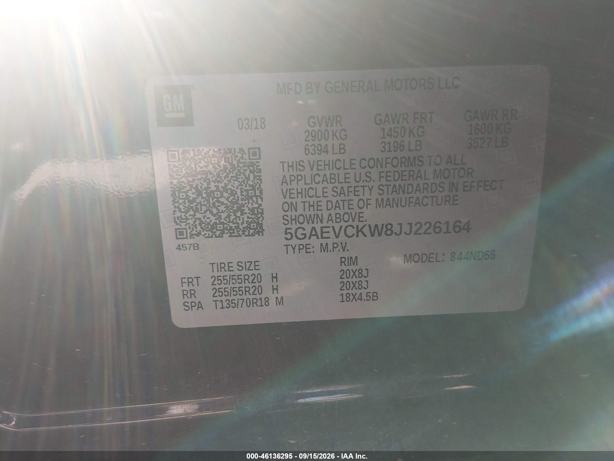 2018 Buick Enclave Avenir VIN 5GAEVCKW8JJ226164 IAAI salvage auction — Rear End, Salvage (Arizona), sold $2,500 on 2026-09-22 (photo 9)