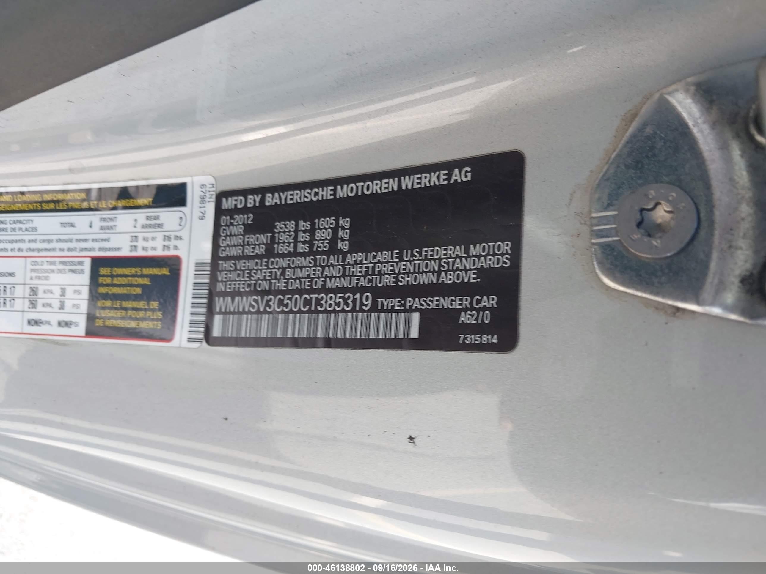 2012 Mini VIN WMWSV3C50CT385319 IAAI salvage auction — Mechanical, Salvage (California), sold $1,000 on 2026-09-25 (photo 9)