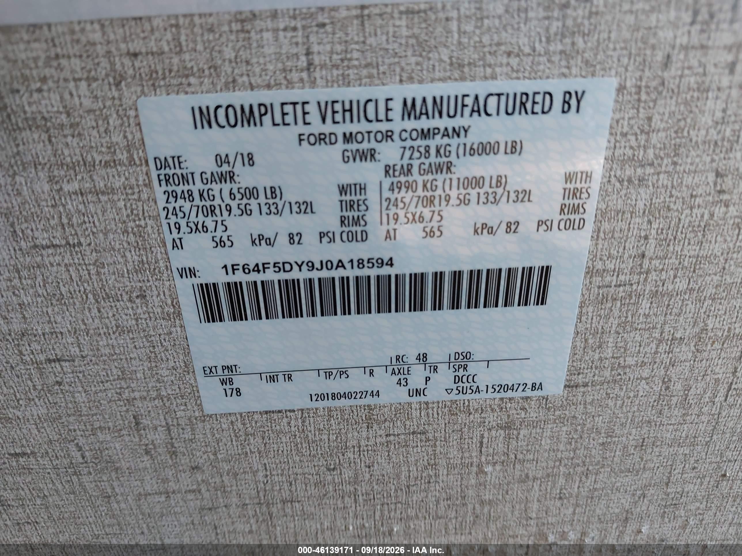 2019 Thor Sup VIN 1F64F5DY9J0A18594 IAAI salvage auction — Top/Roof, Mv-907A (New York), sold $7,500 on 2026-10-20 (photo 9)