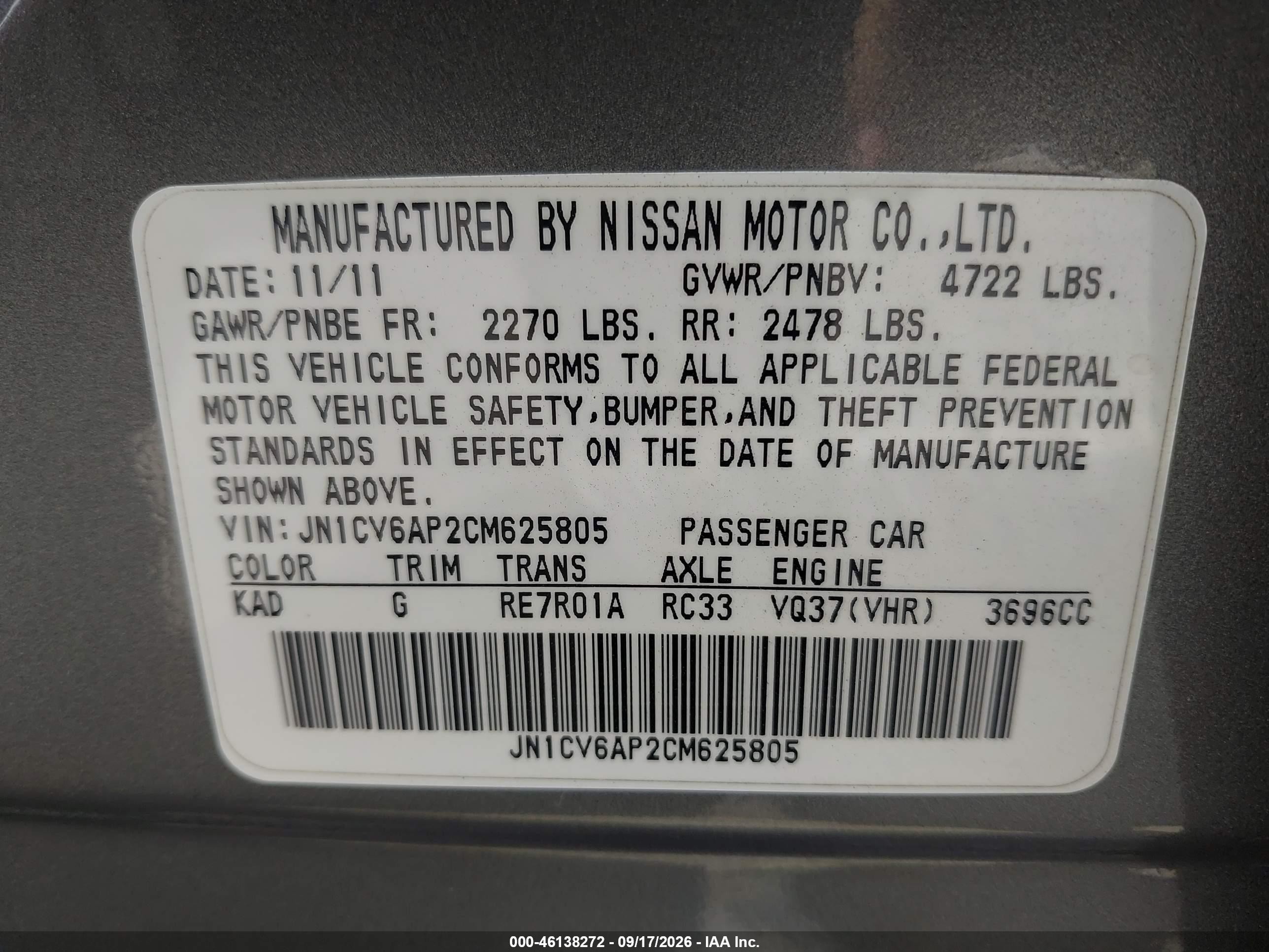 2012 Infiniti G37 VIN JN1CV6AP2CM625805 IAAI salvage auction — Normal Wear, Salvage Title - Dealer (California), sold $2,000 on 2026-10-04 (photo 9)