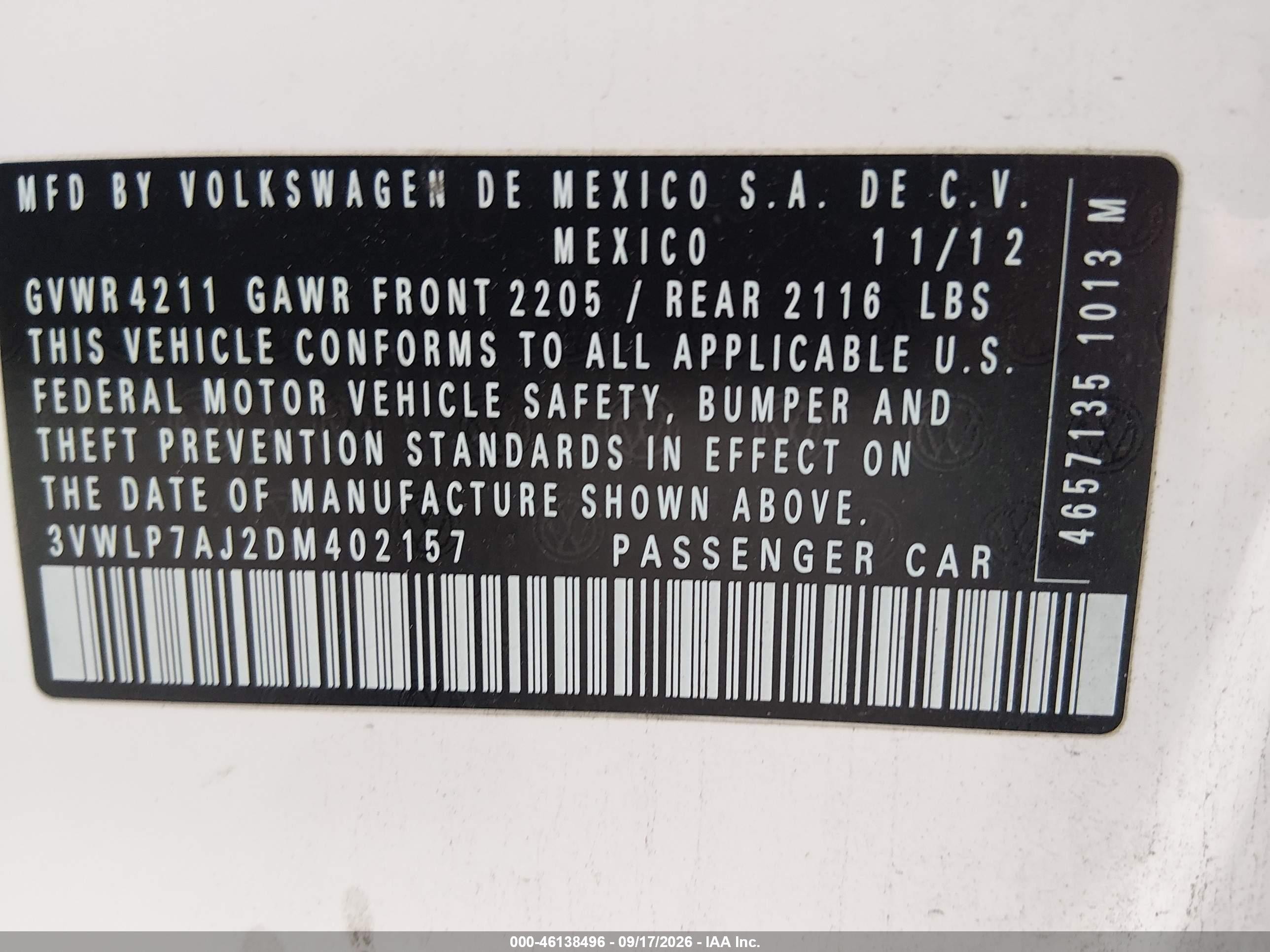 2013 Volkswagen Jetta VIN 3VWLP7AJ2DM402157 IAAI salvage auction — Normal Wear, Clear - Dealer Only (California), sold $1,800 on 2026-09-28 (photo 9)