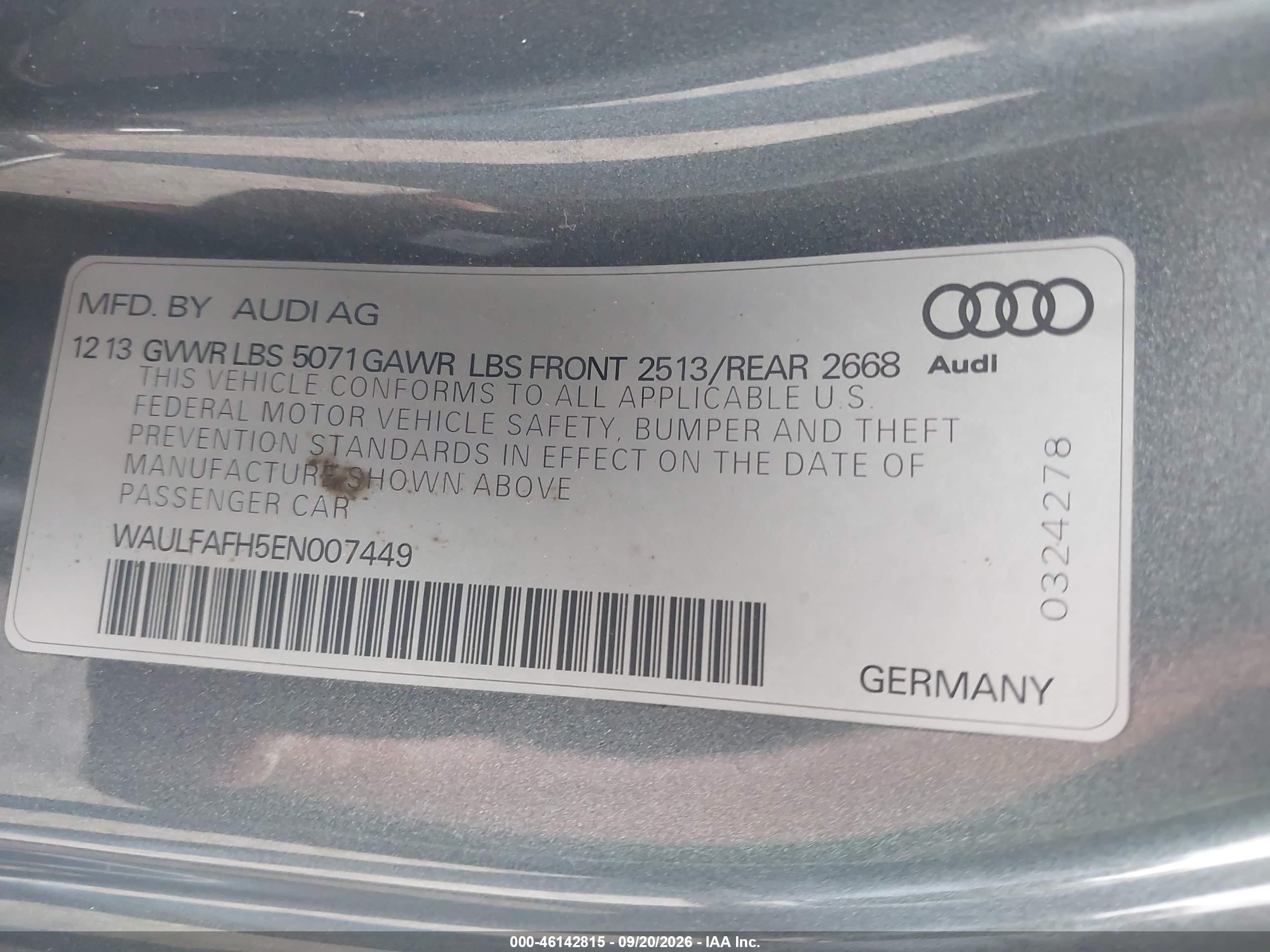 2014 Audi A5 VIN WAULFAFH5EN007449 IAAI salvage auction — Normal Wear, Clear (Massachusetts), sold $2,775 on 2026-09-26 (photo 9)