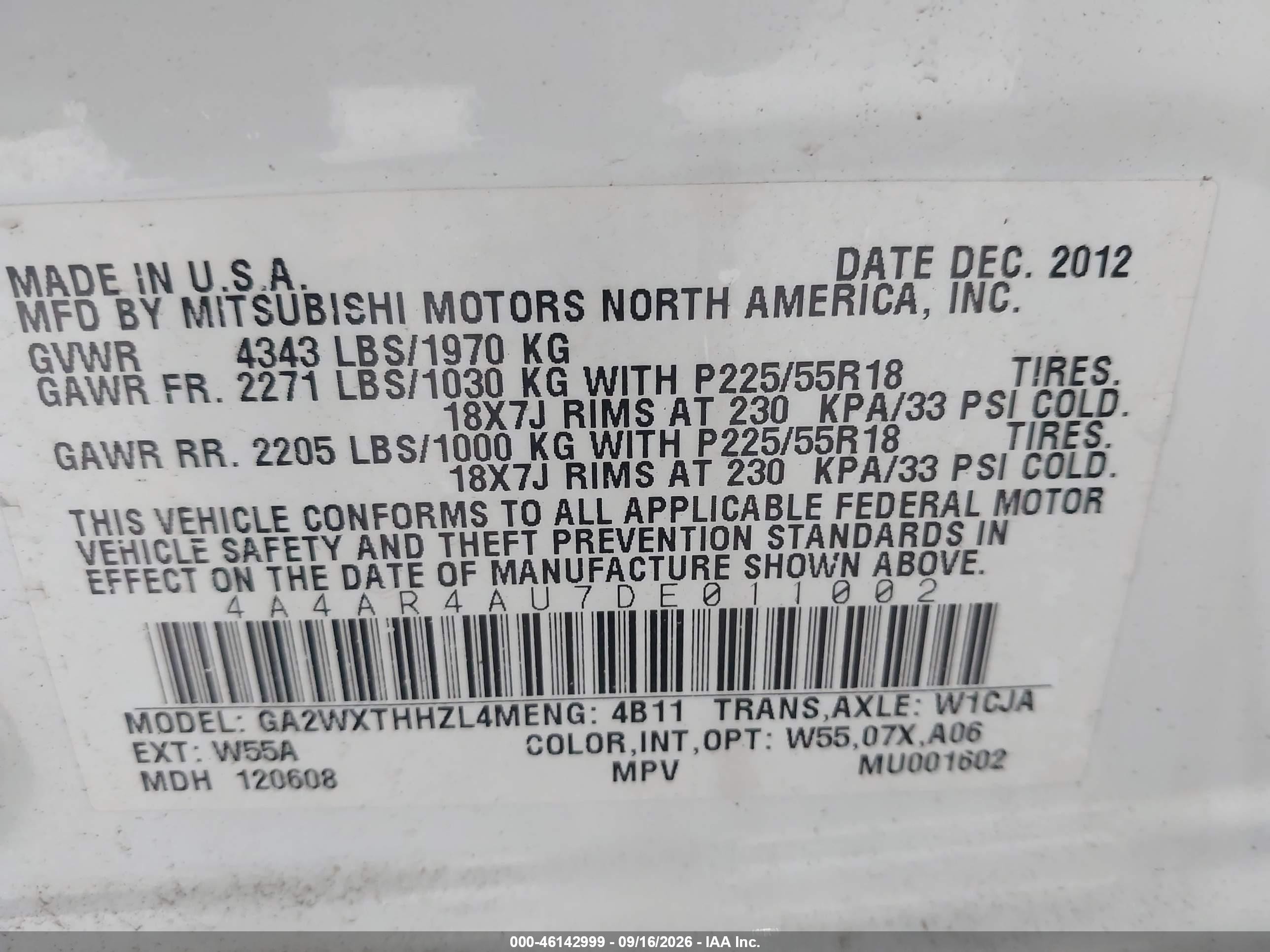 2013 Mitsubishi VIN 4A4AR4AU7DE011002 IAAI salvage auction — Normal Wear, Clear (New York), sold $900 on 2026-09-26 (photo 9)